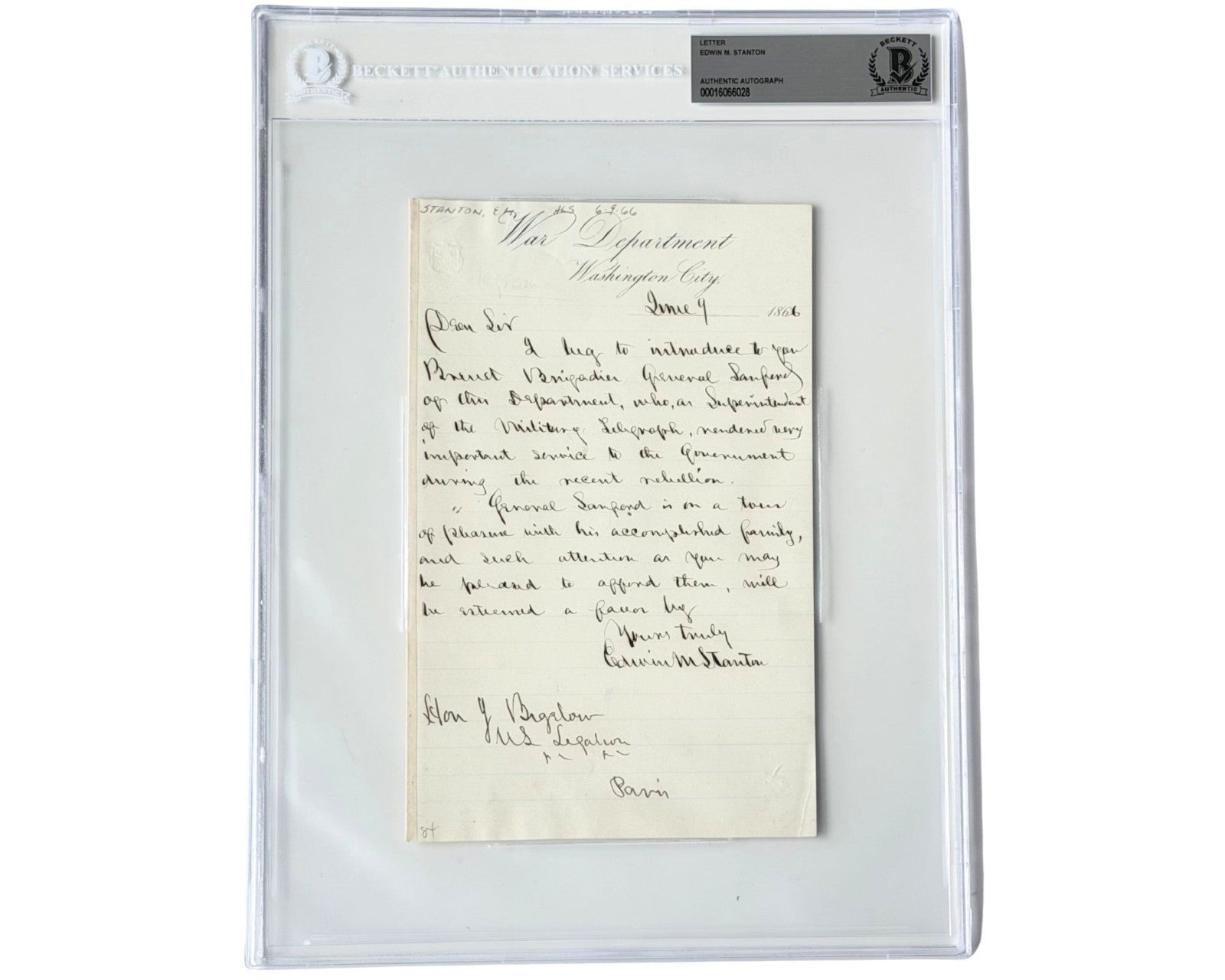 Sec. Of War Edwin Stanton Signed Letter on Service During "Recent Rebellion" BAS
