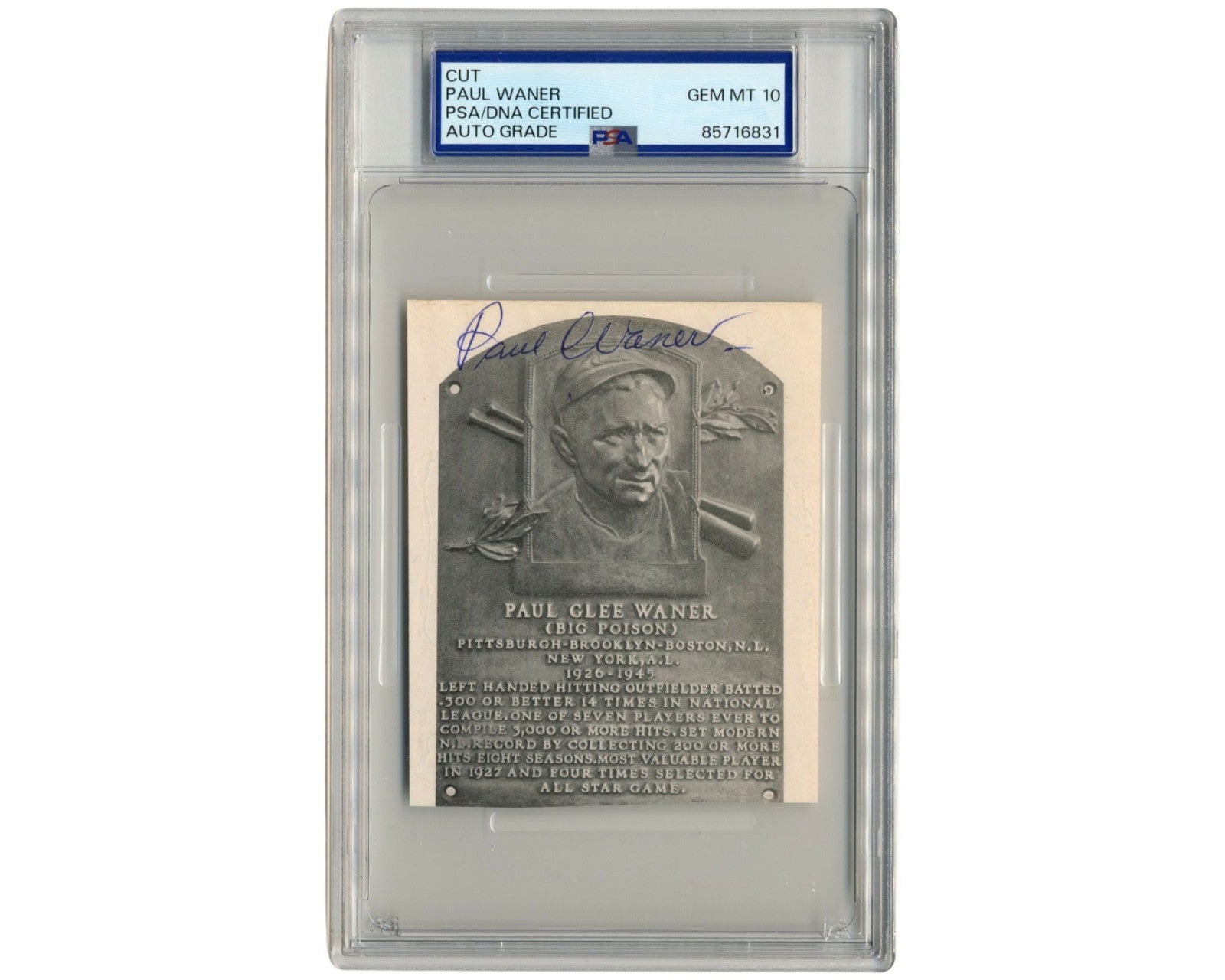Pirates' Paul Waner Signed HOF Plaque Cut PSA Gem Mint 10 Auto