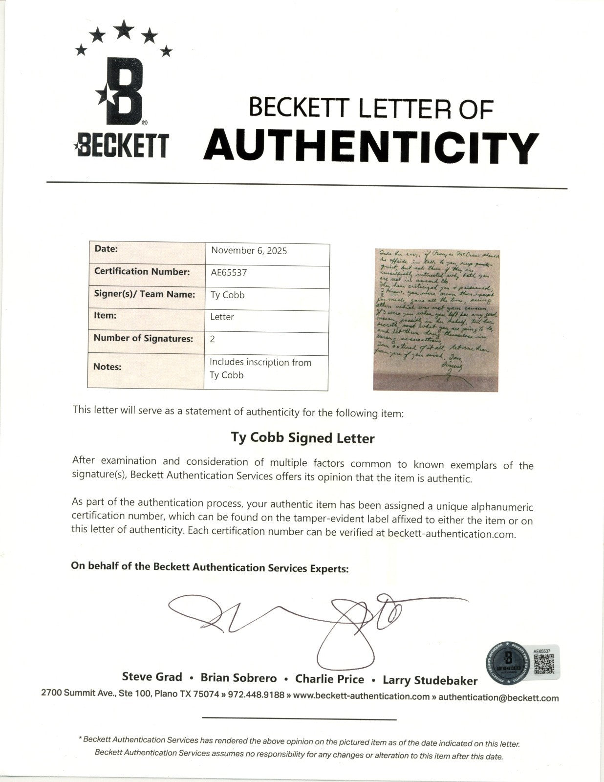 Ty Cobb Twice Signed 6 Page Handwritten Letter PSA & Beckett BAS Auto