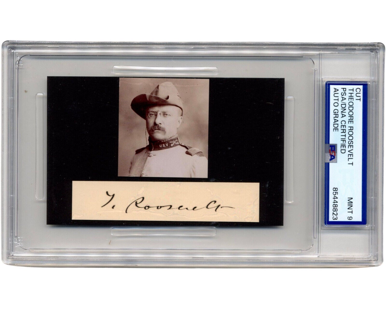 President Theodore Roosevelt Signed Cut Auto w/ Rough Riders Photo PSA Mint 9