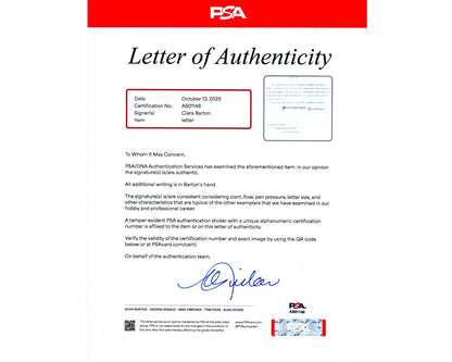 Clara Barton Signed Letter on Caring for Loved One in Final Years PSA Bold Auto