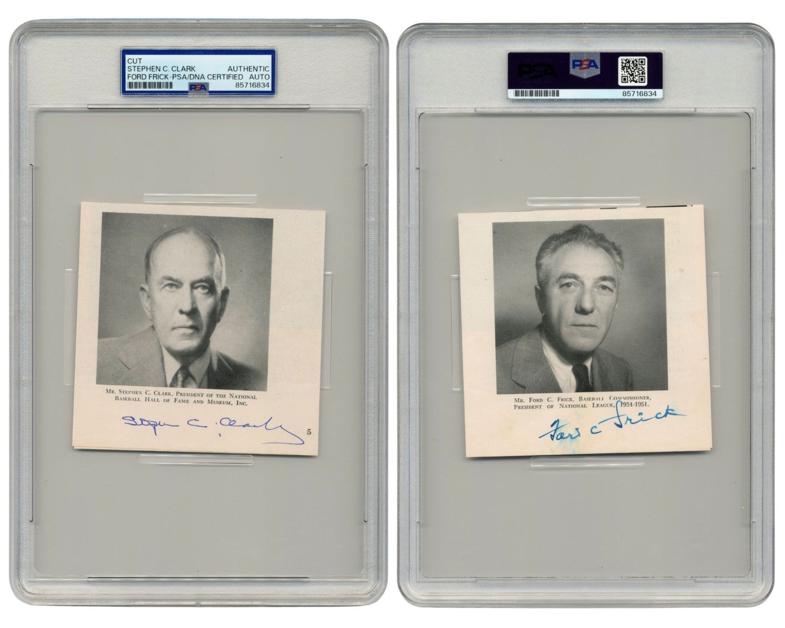 HOF Creator Stephen C. Clark & Commissioner Ford Frick Signed Cut PSA Auto