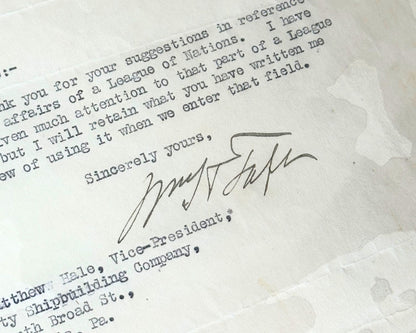 President William H. Taft Signed Letter on "affairs of a League of Nations" PSA