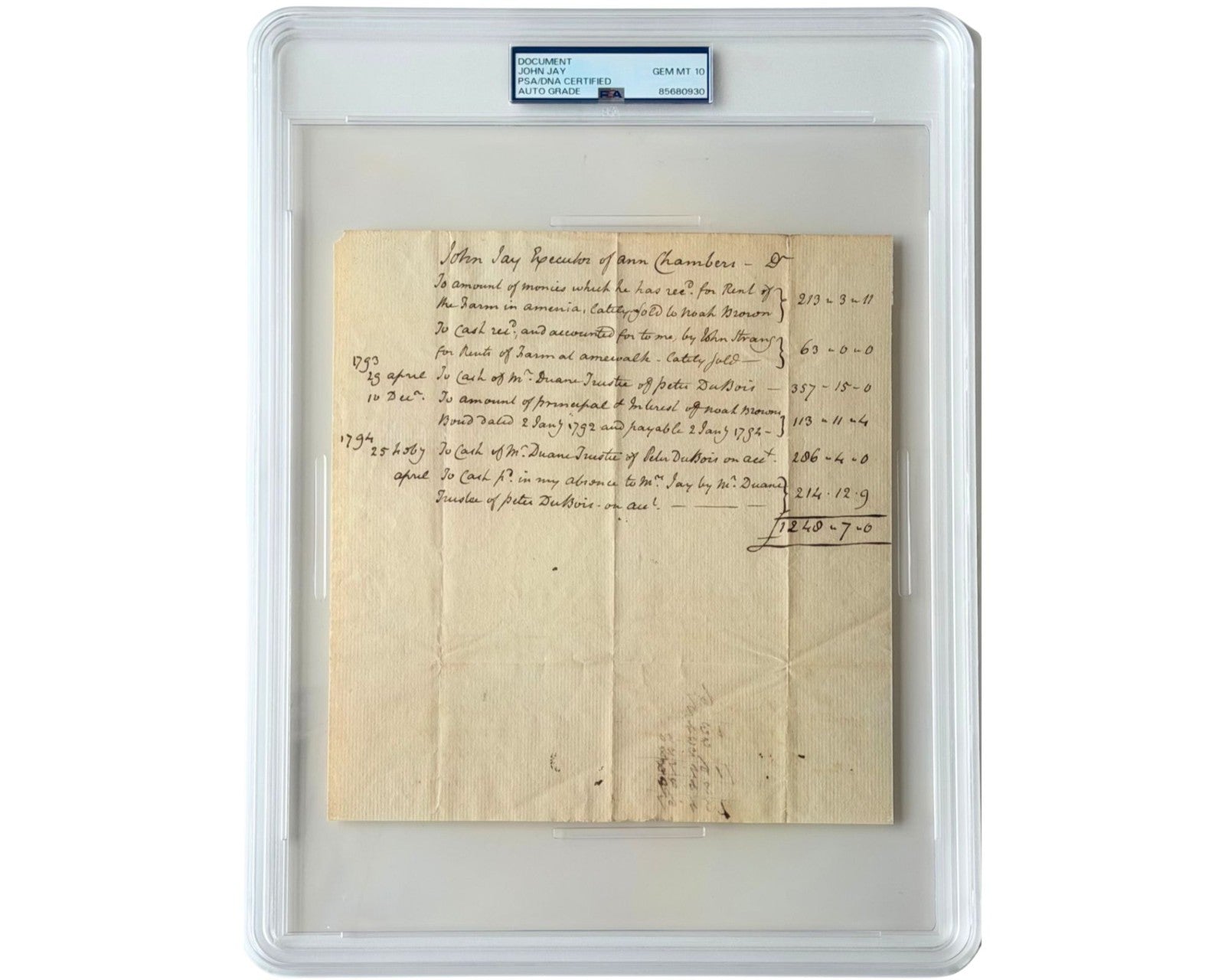 First Chief Justice John Jay Twice Signed Handwritten Document PSA Gem Mint 10