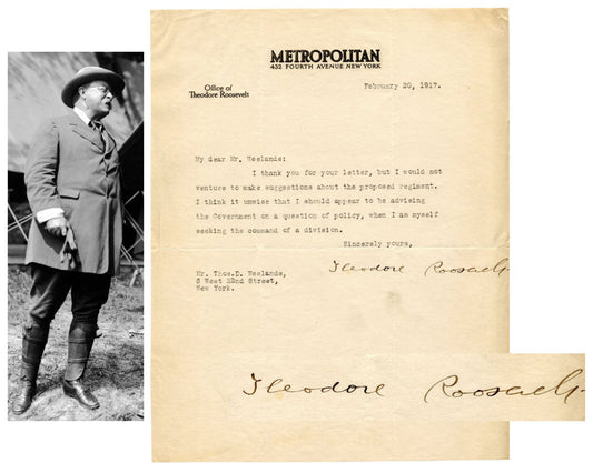 President Theodore Roosevelt Seeks to Re-Enter Combat PSA Historic Signed Letter