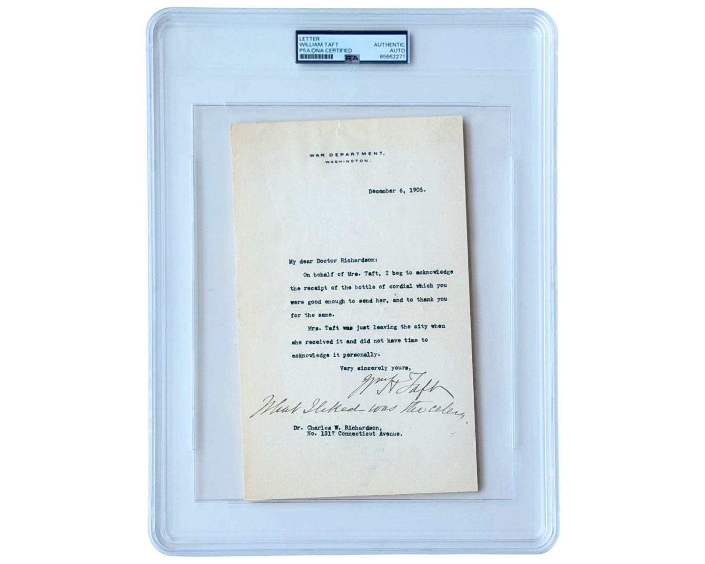 President William Taft "What I liked was the celery" Signed Letter PSA Auto