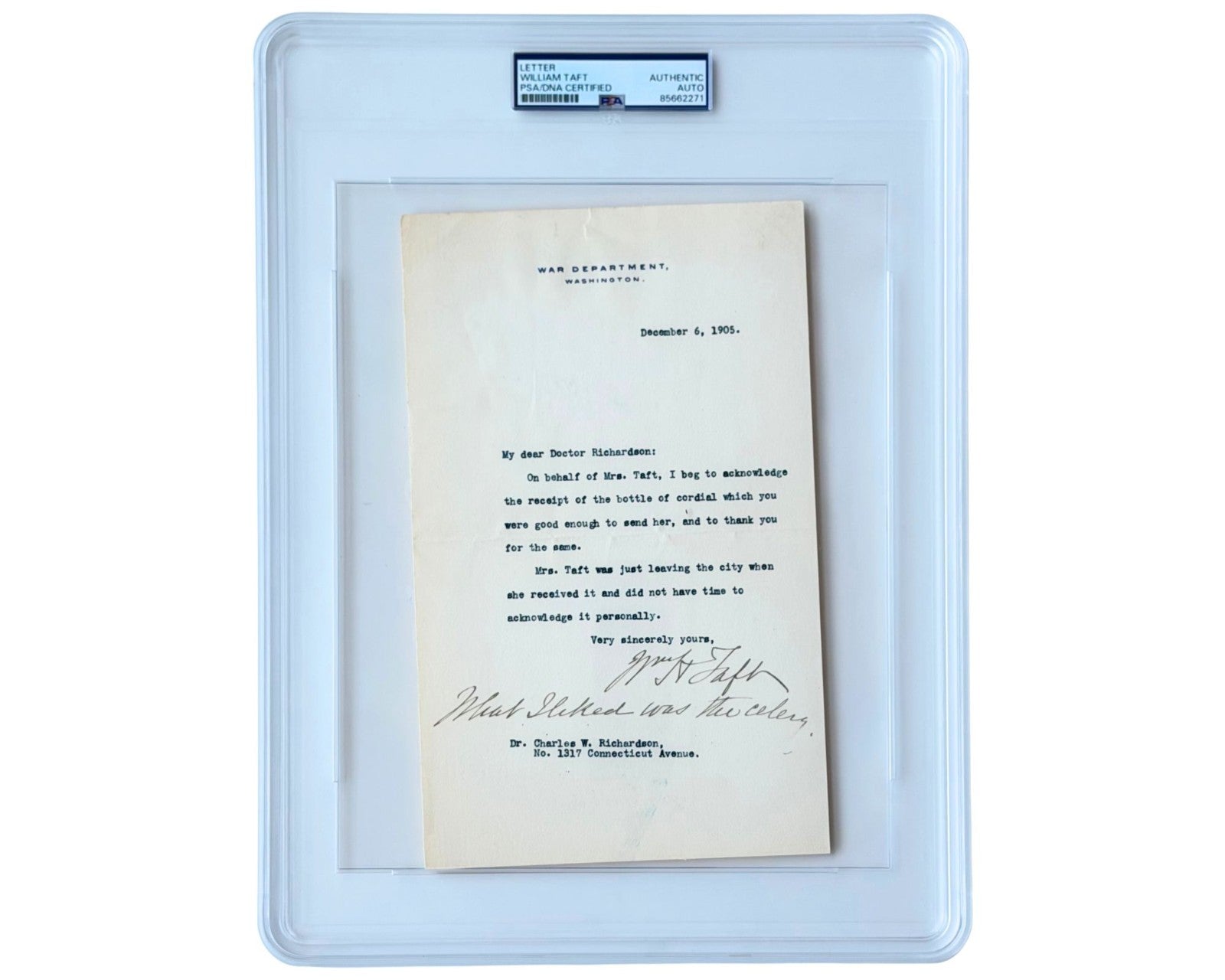President William Taft "What I liked was the celery" Signed Letter PSA Auto