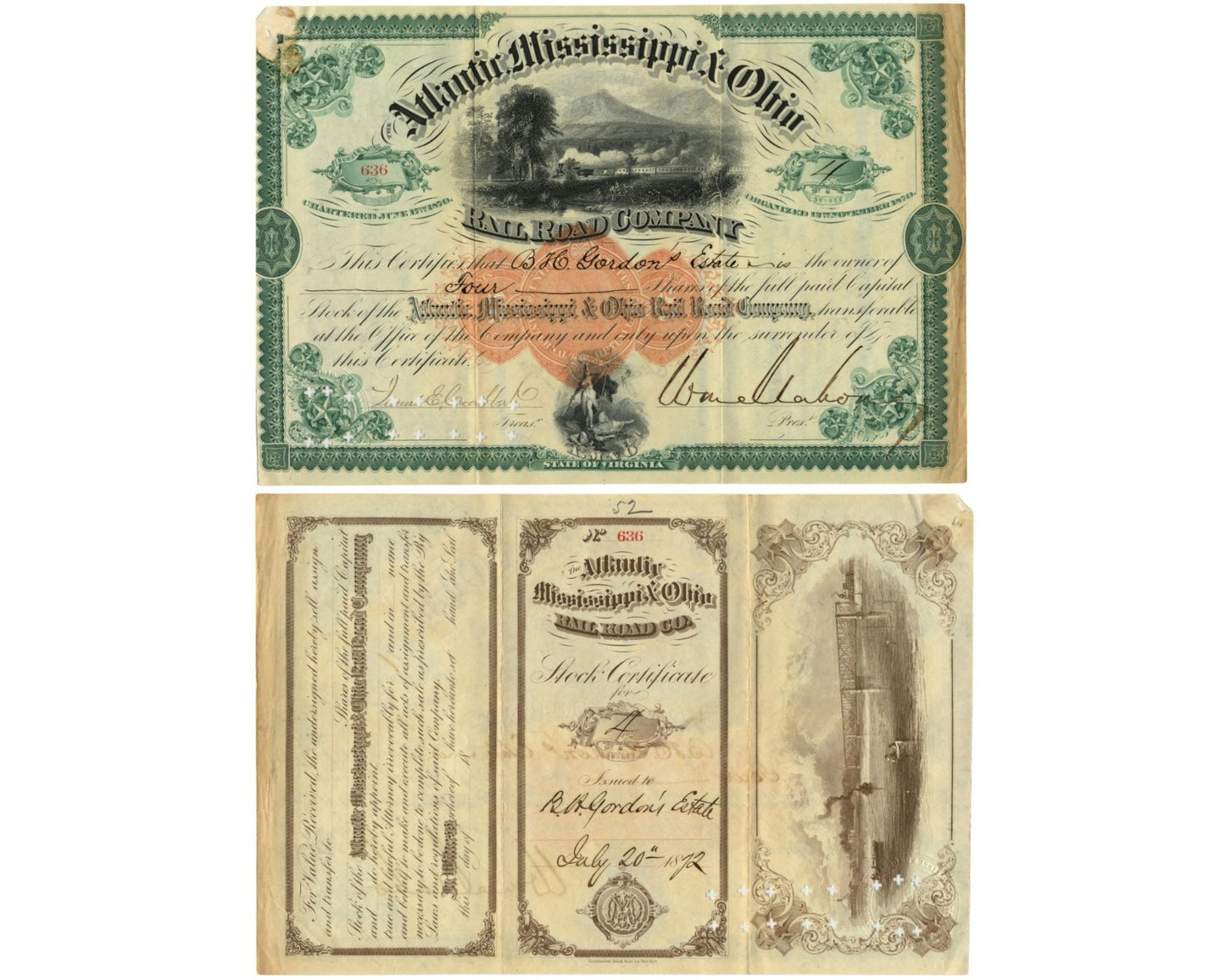 Confederate Civil War General William Mahone Signed Railroad Stock Cert. PSA