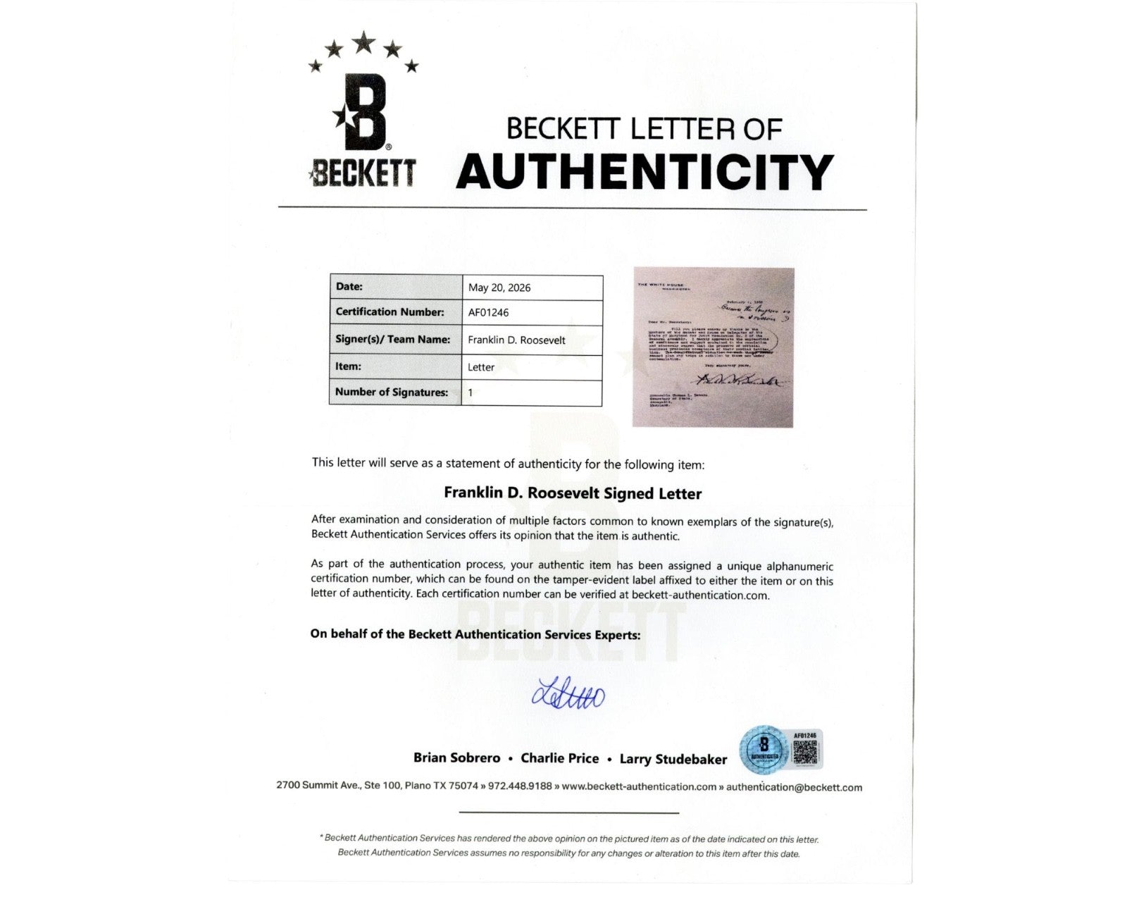 President Franklin D. Roosevelt Signed Letter w/ Handwritten Postscript BAS Auto
