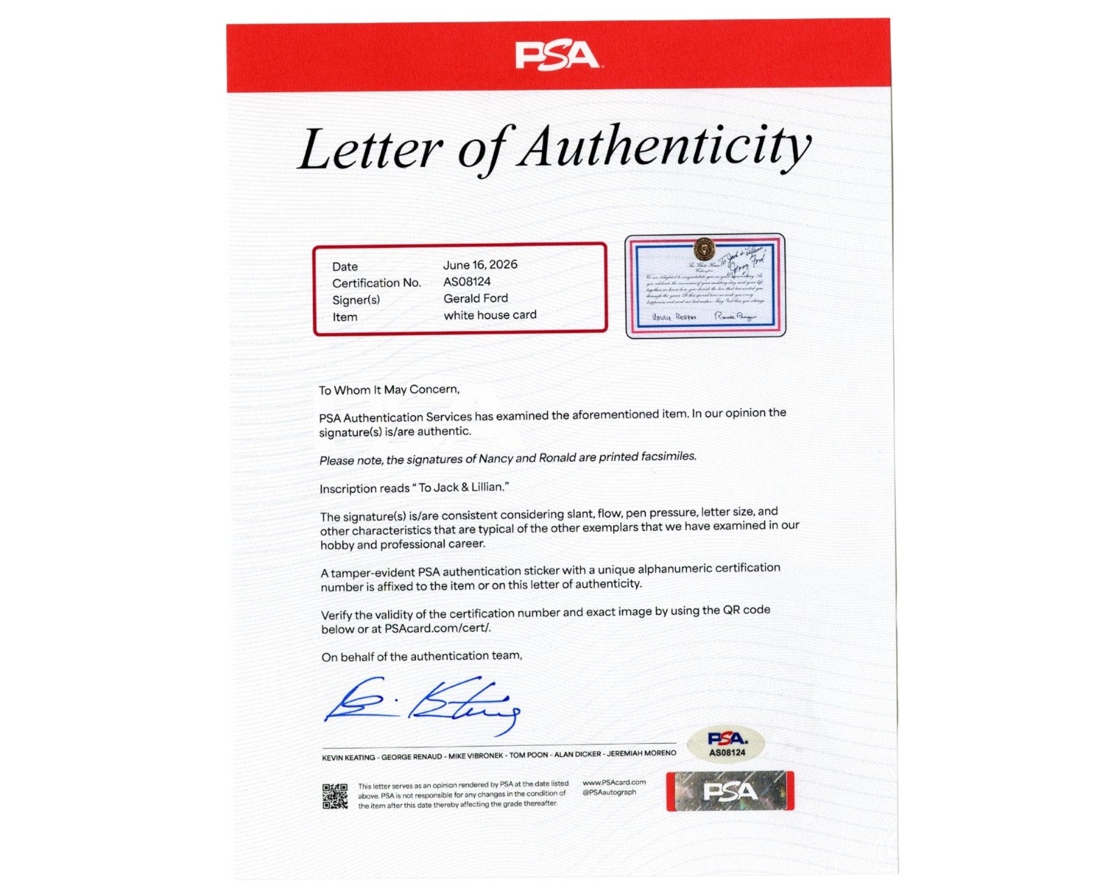 President Gerald Ford Signed Unusual Reagan Era Congratulatory Doc PSA Auto