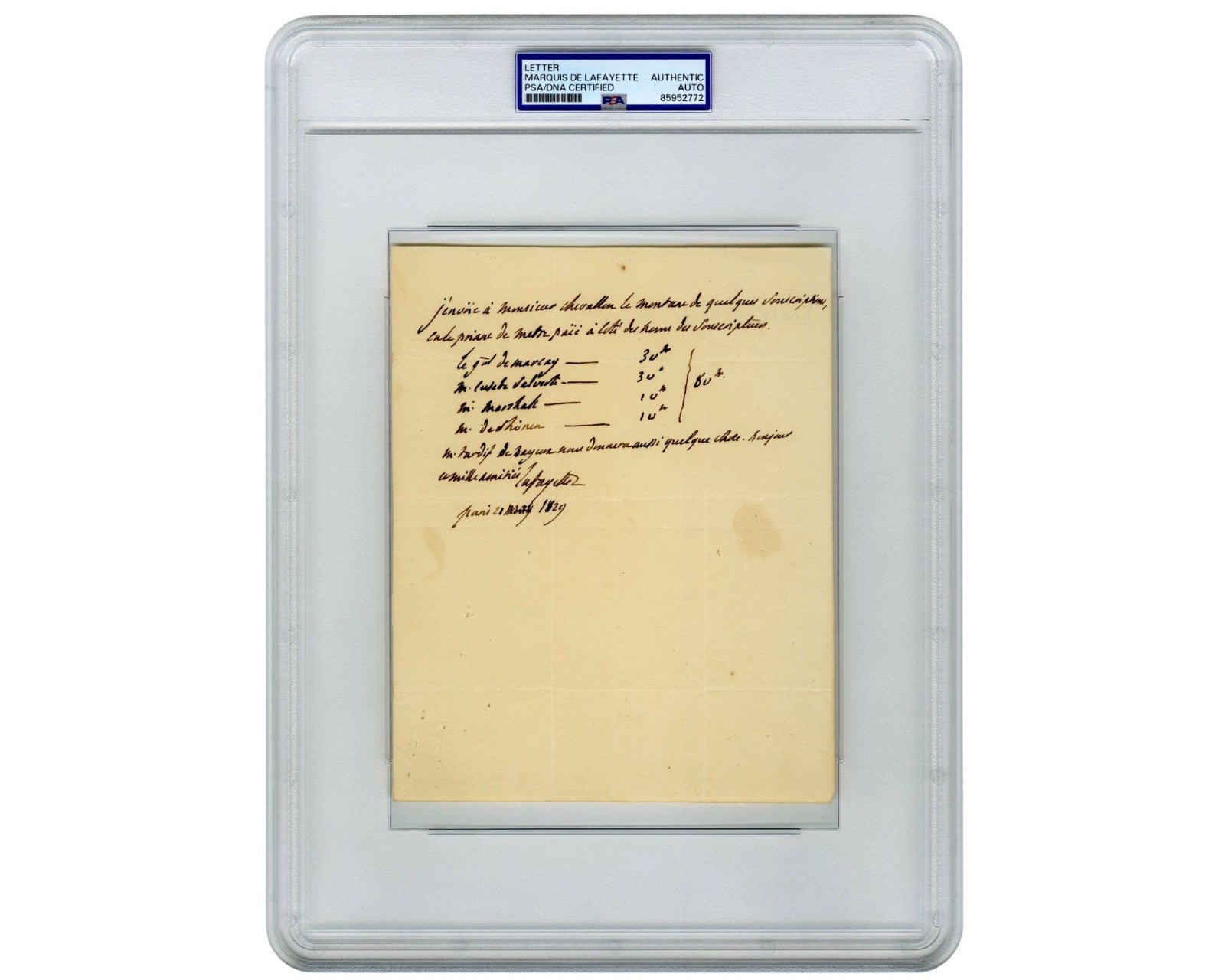 Marquis de Lafayette Signed Document Re: Payments! In French, Boldly Signed PSA