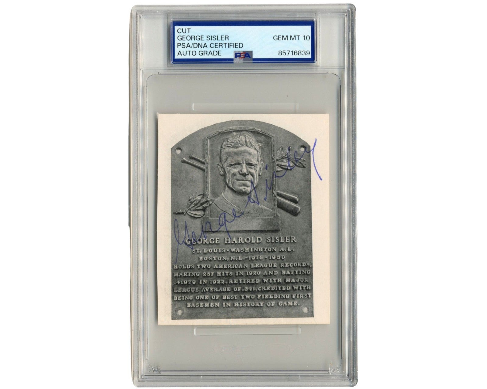 HOFer George Sisler Hall of Fame Plaque Cut Signature PSA Gem Mint 10 Auto