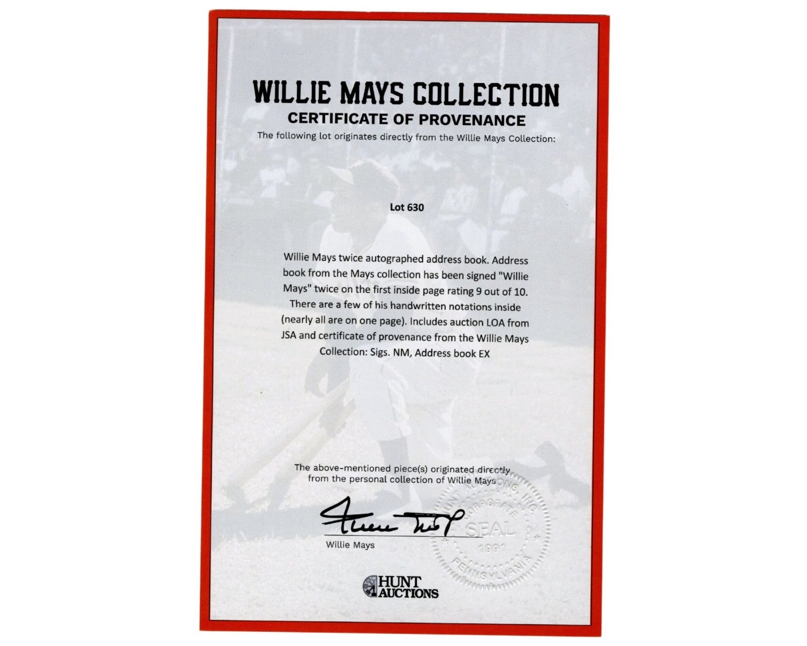Willie Mays Personally Owned Address Book, Signed 2x! Ex. Mays Estate