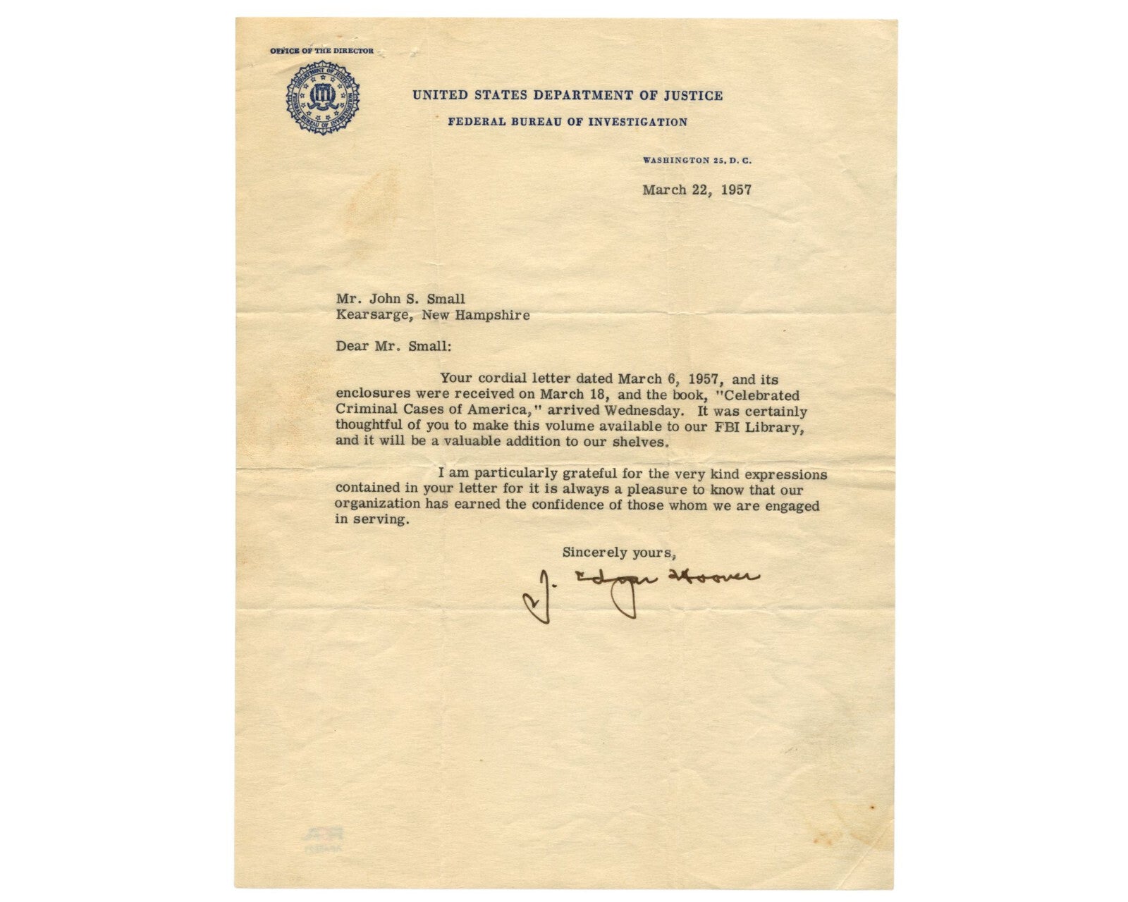 FBI Director J. Edgar Hoover Signed DOJ Letter On FBI Confidence! PSA Auto