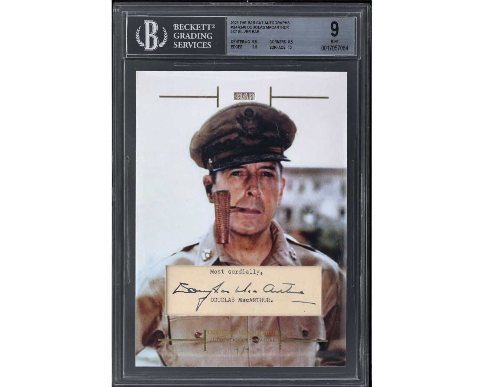 2023 The Bar Cut Autographs 5x7 Silver Bar & Douglas MacArthur Signature BGS  9