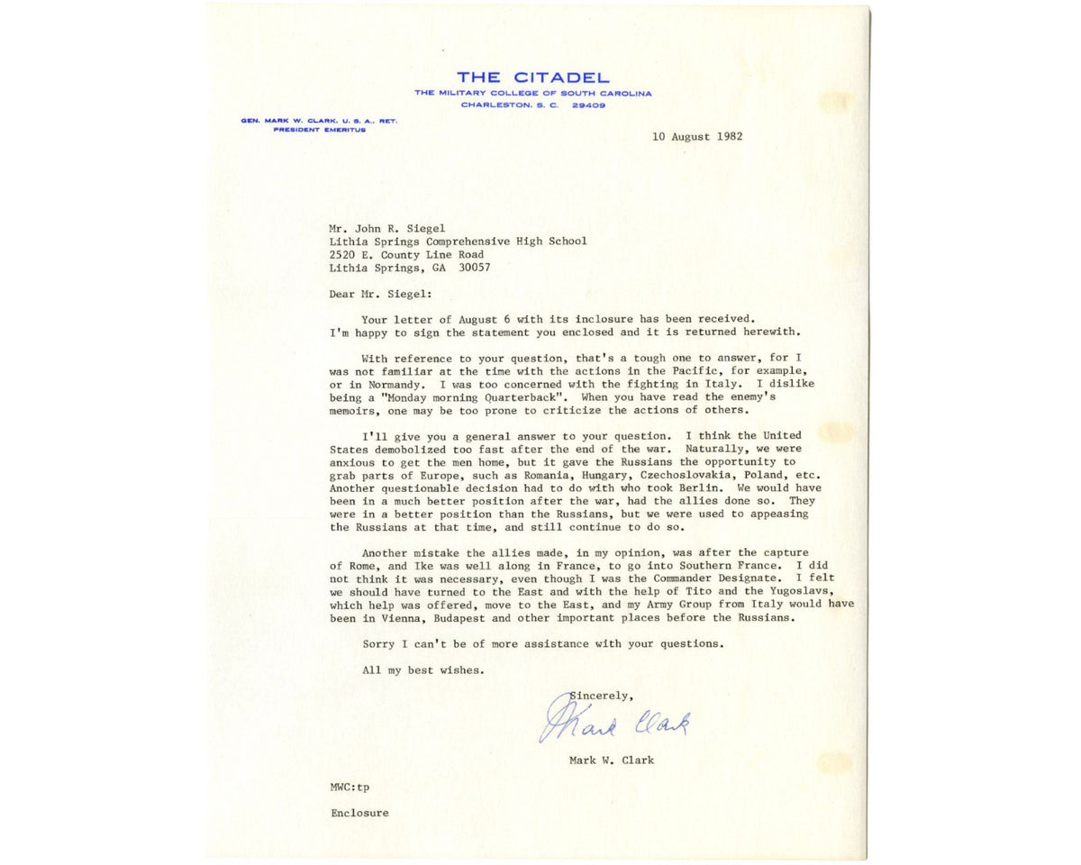 General Mark Clark WWII Strategic Retrospective Letter! Best We Have Seen! PSA