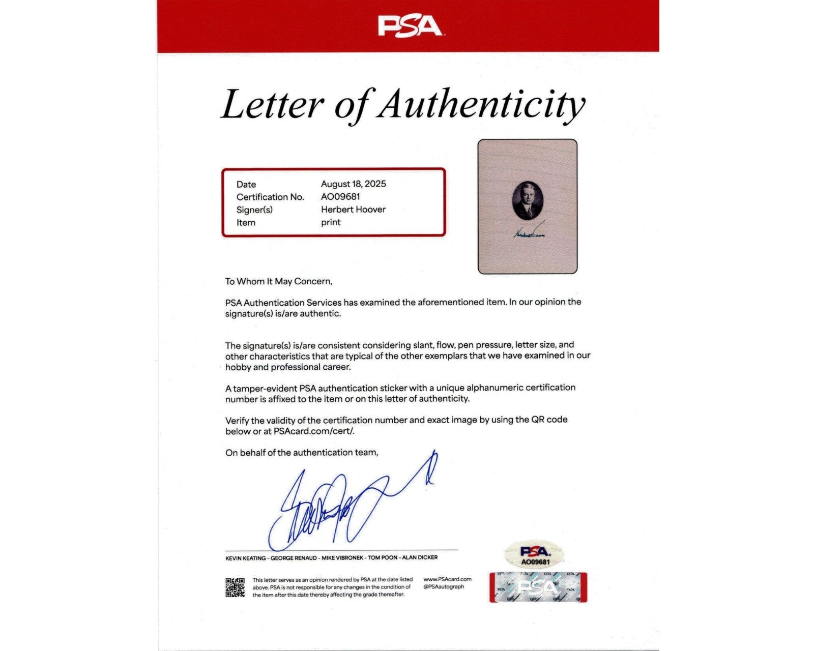 President Herbert Hoover Signed Engraving with Presidential Portrait - PSA Auto