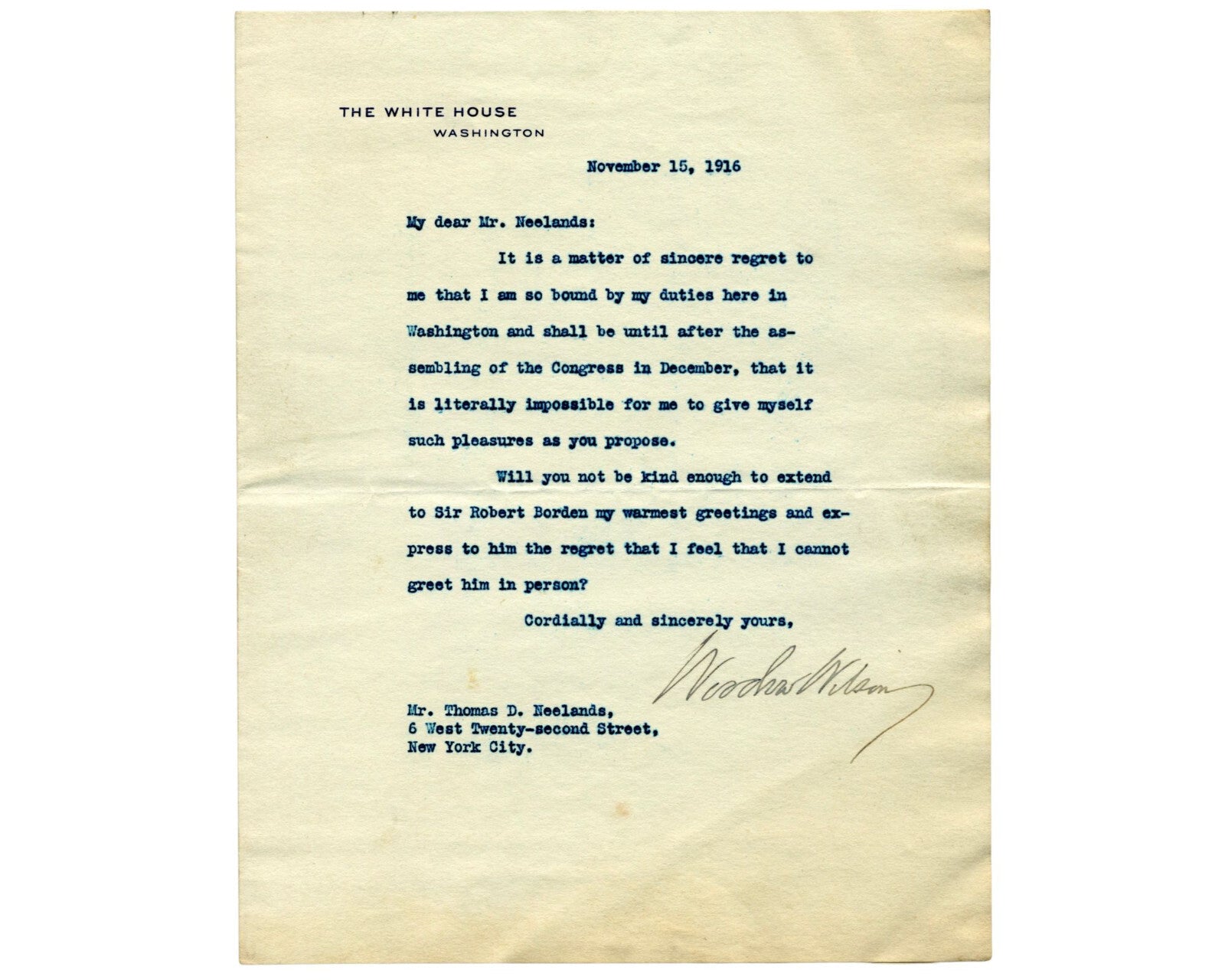 President Woodrow Wilson Signed W.H. Letter Extending Sir Borden Greetings! PSA