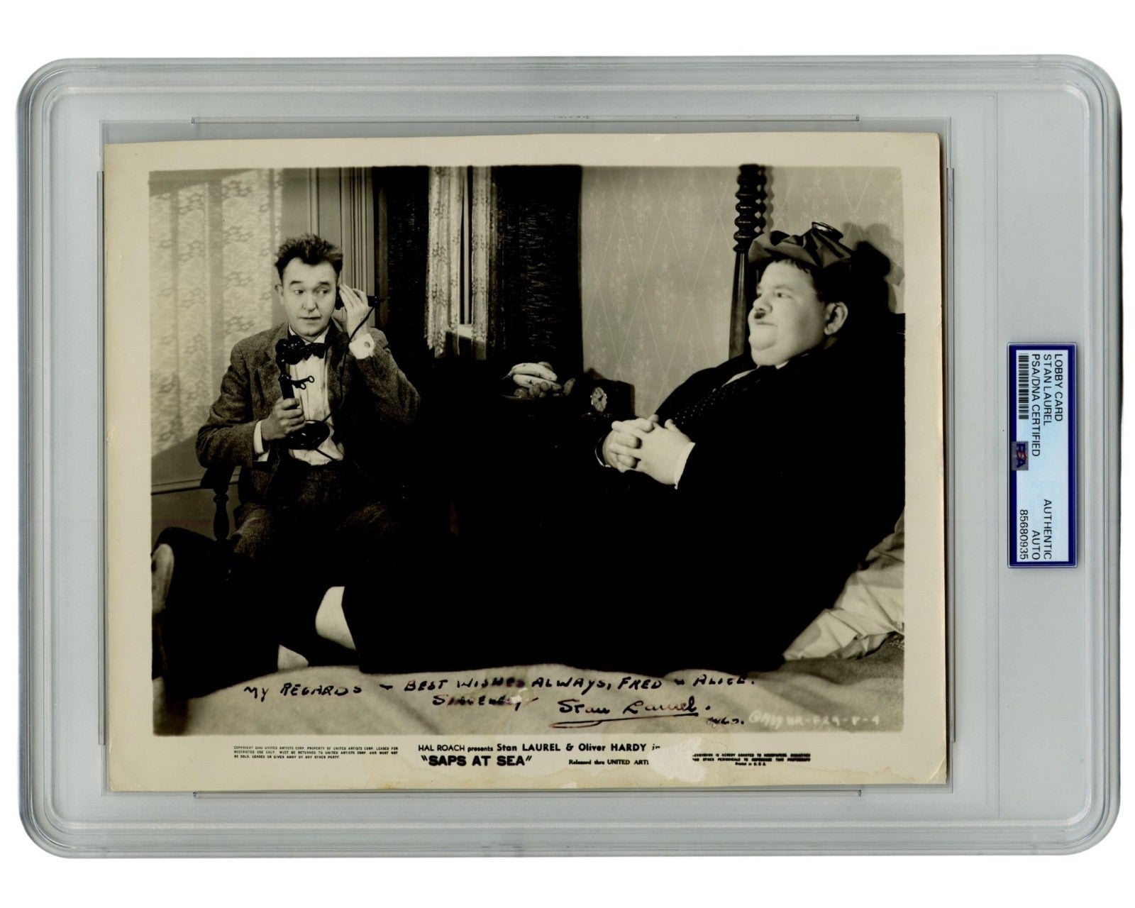 Stan Laurel Signed "Saps at Sea" Lobby Card w/ Hardy Photograph PSA Auto - Rare!