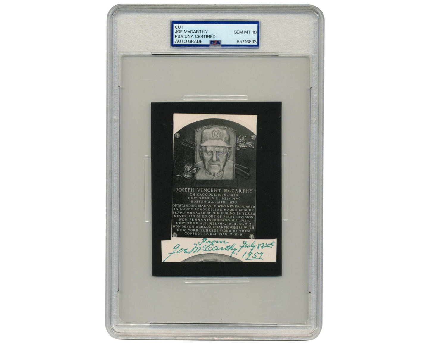 Yankees Joe McCarthy Signed Hall of Fame Plaque Cut PSA Gem Mint 10 Auto