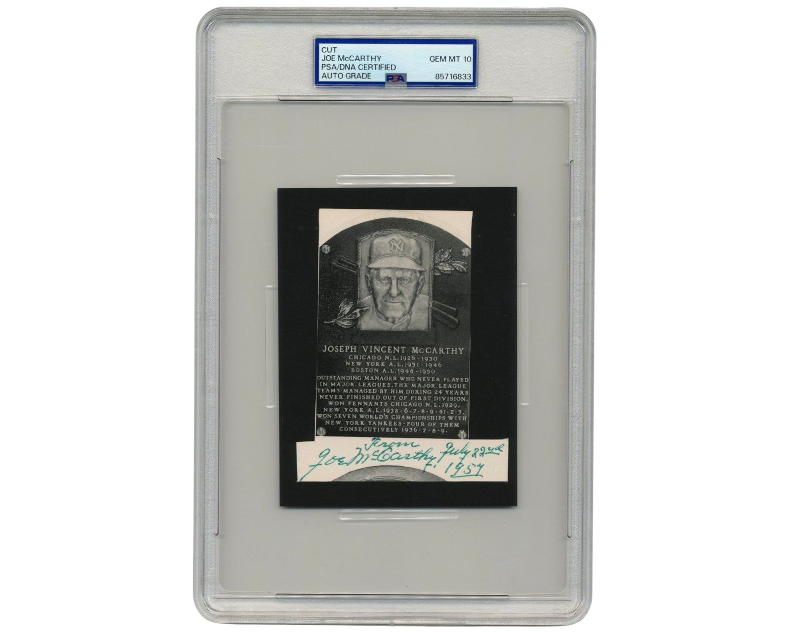 Yankees Joe McCarthy Signed Hall of Fame Plaque Cut PSA Gem Mint 10 Auto
