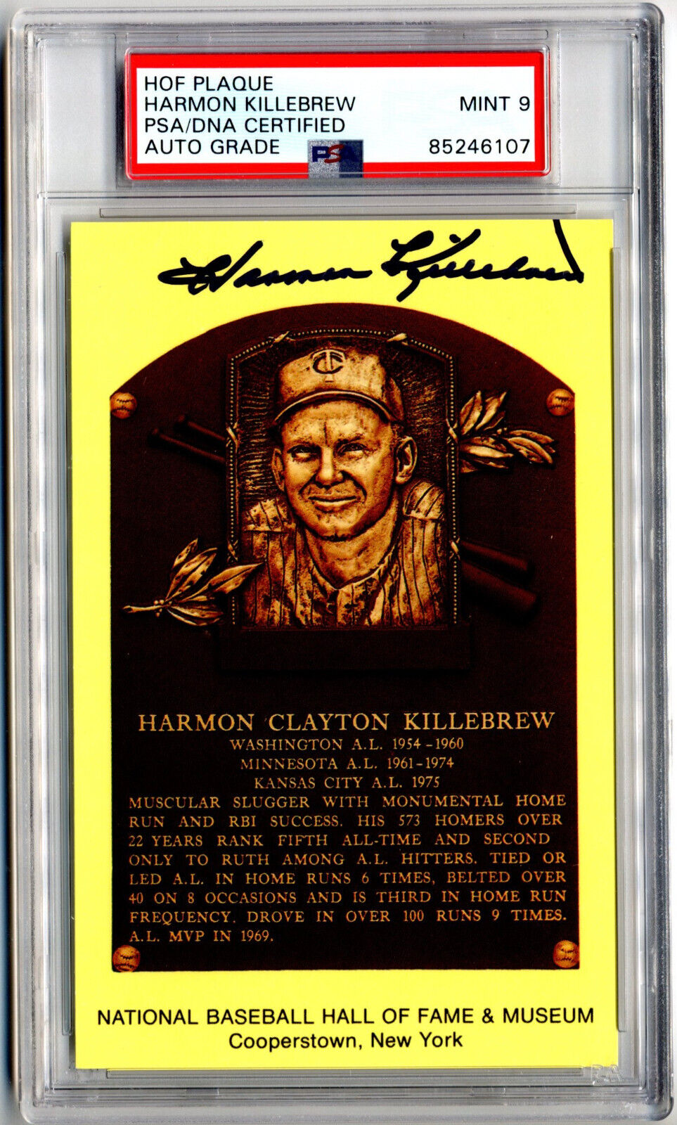 Harmon Killebrew Signed HOF Post Card PSA Mint 9 Auto Twins!