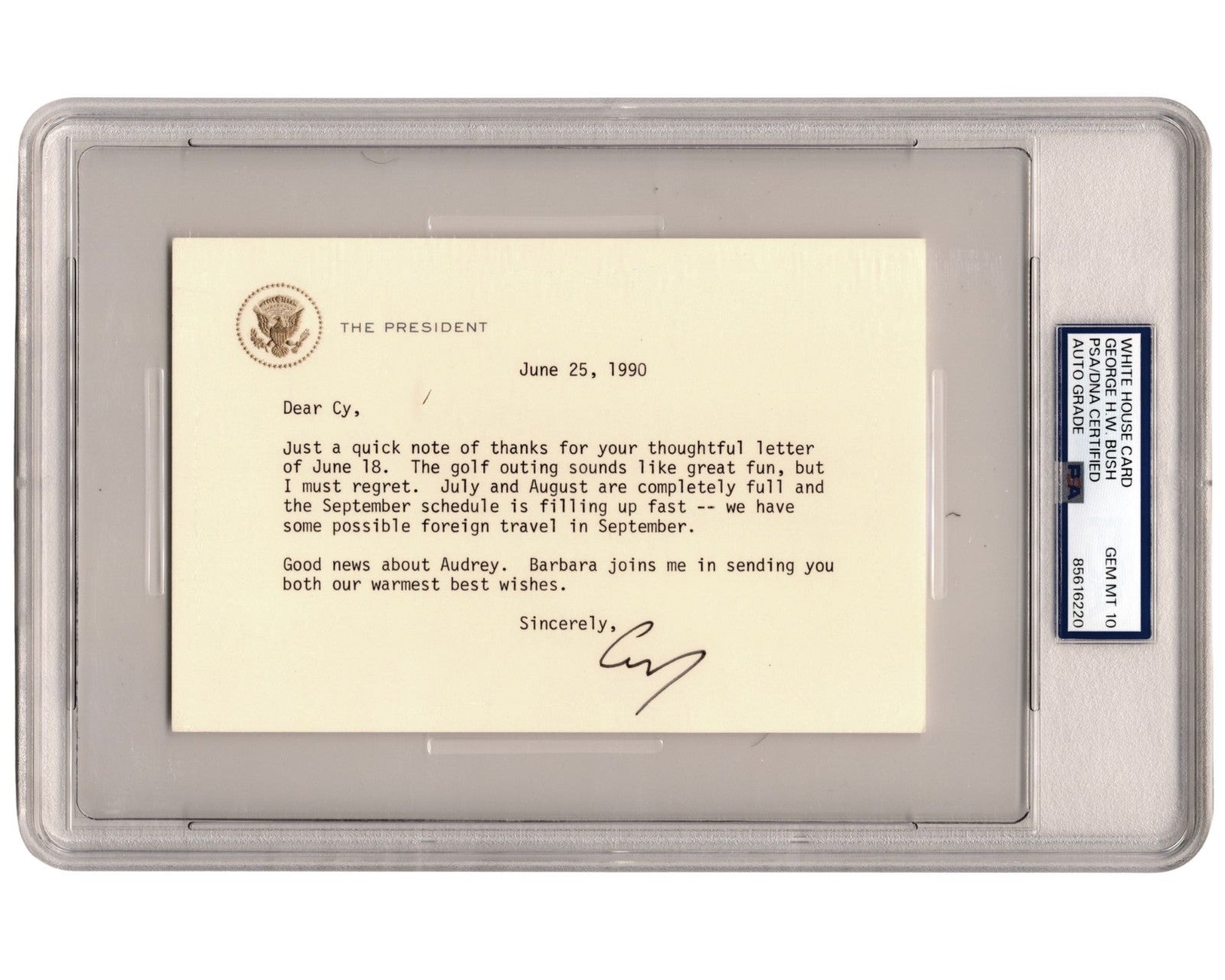 President George H. W. Bush Signed "The President" W.H. Card PSA Gem Mint 10