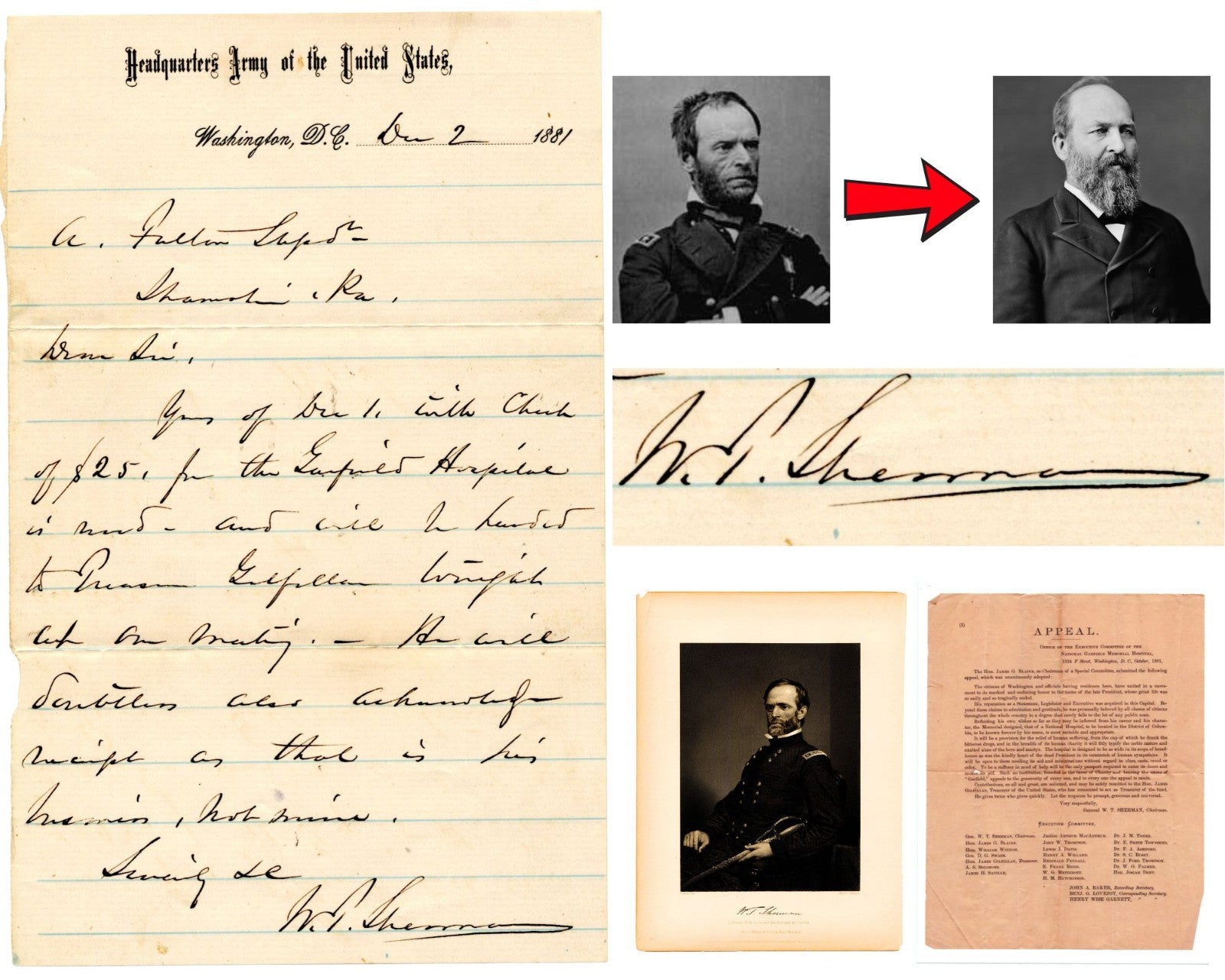 General W.T. SHERMAN Signed Letter Honors Pres. Garfield Post Assassination PSA