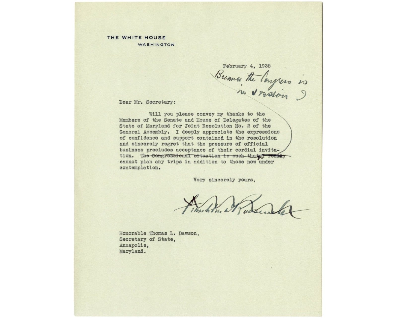 President Franklin D. Roosevelt Signed Letter w/ Handwritten Postscript BAS Auto