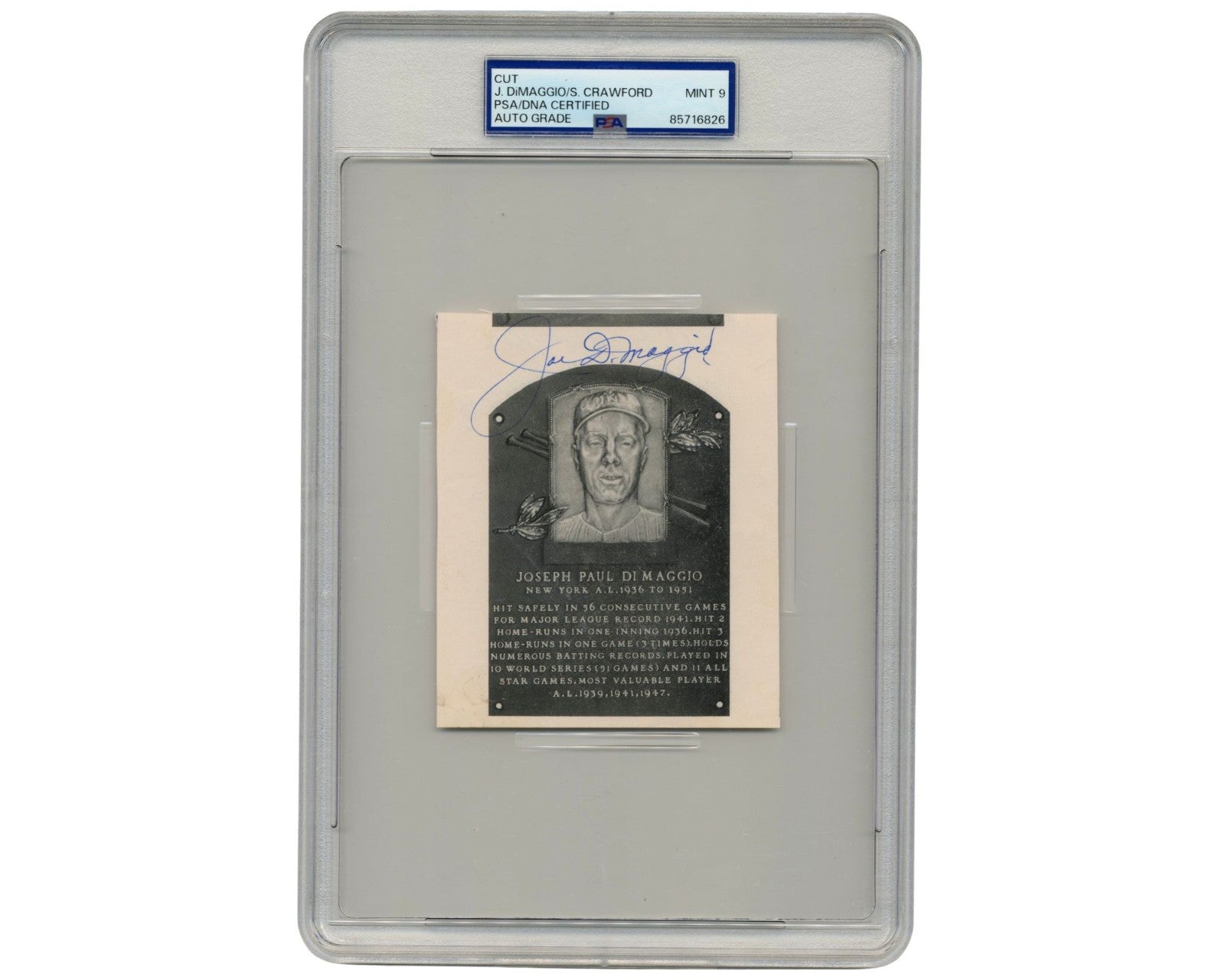 Joe DiMaggio & Sam Crawford Dual-Signed Hall of Fame Plaque Cut PSA Mint 9 Auto