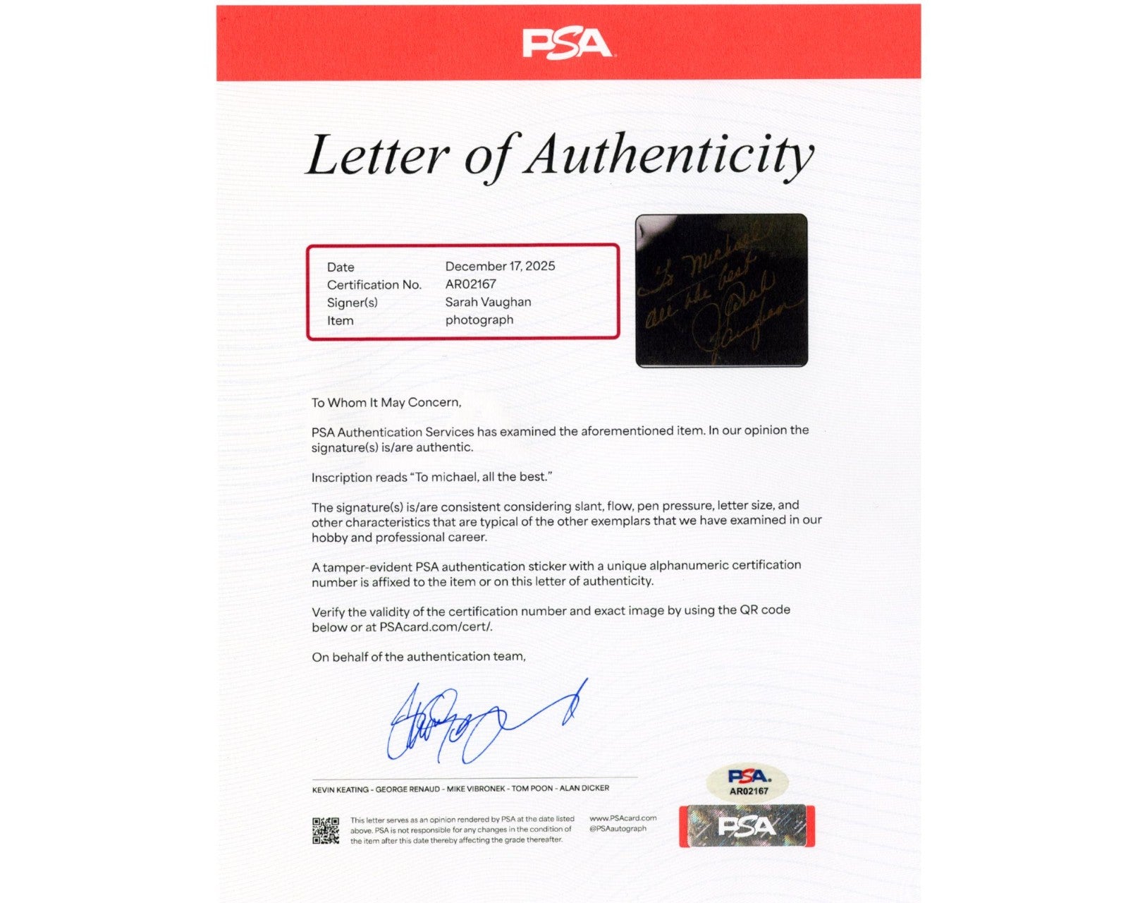 Jazz Great Sarah Vaughan Signed Photograph - PSA Auto