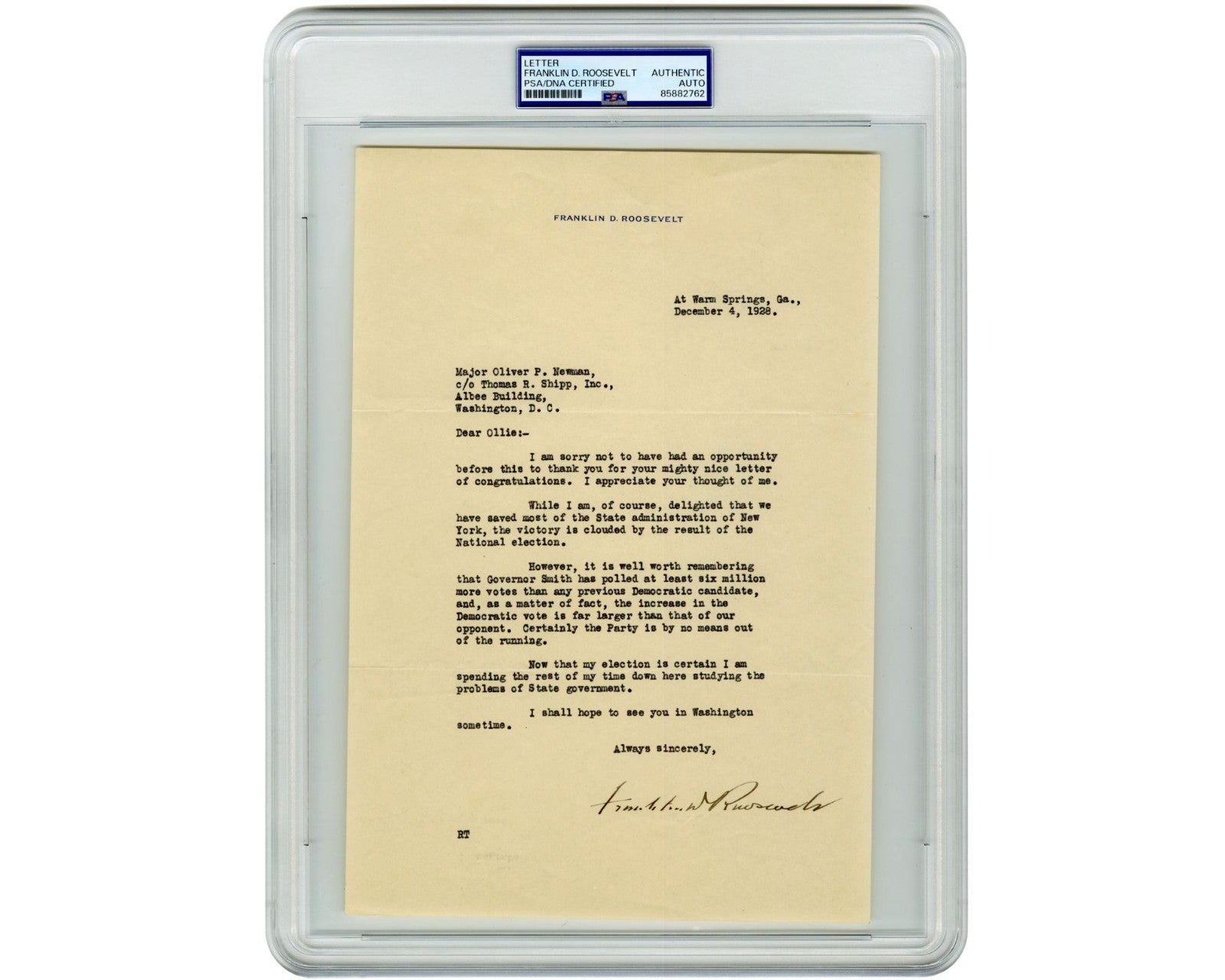 President Franklin D. Roosevelt Signed Letter on Hoover v. Smith Election! PSA