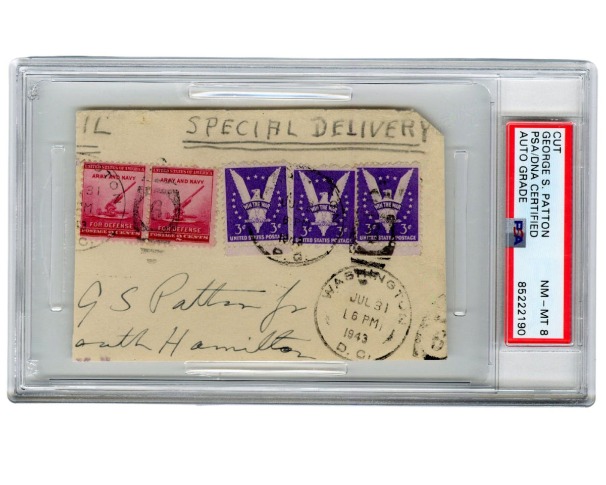 General George S. Patton Gorgeous Signed Cut! w/ Unique Stamps! PSA 8 Auto