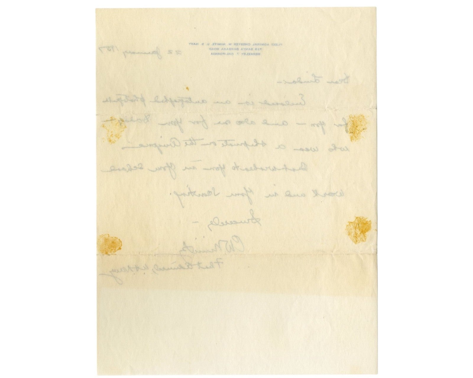 Admiral Chester Nimitz Handwritten Letter Sending Photos to AZ. Shipmate PSA