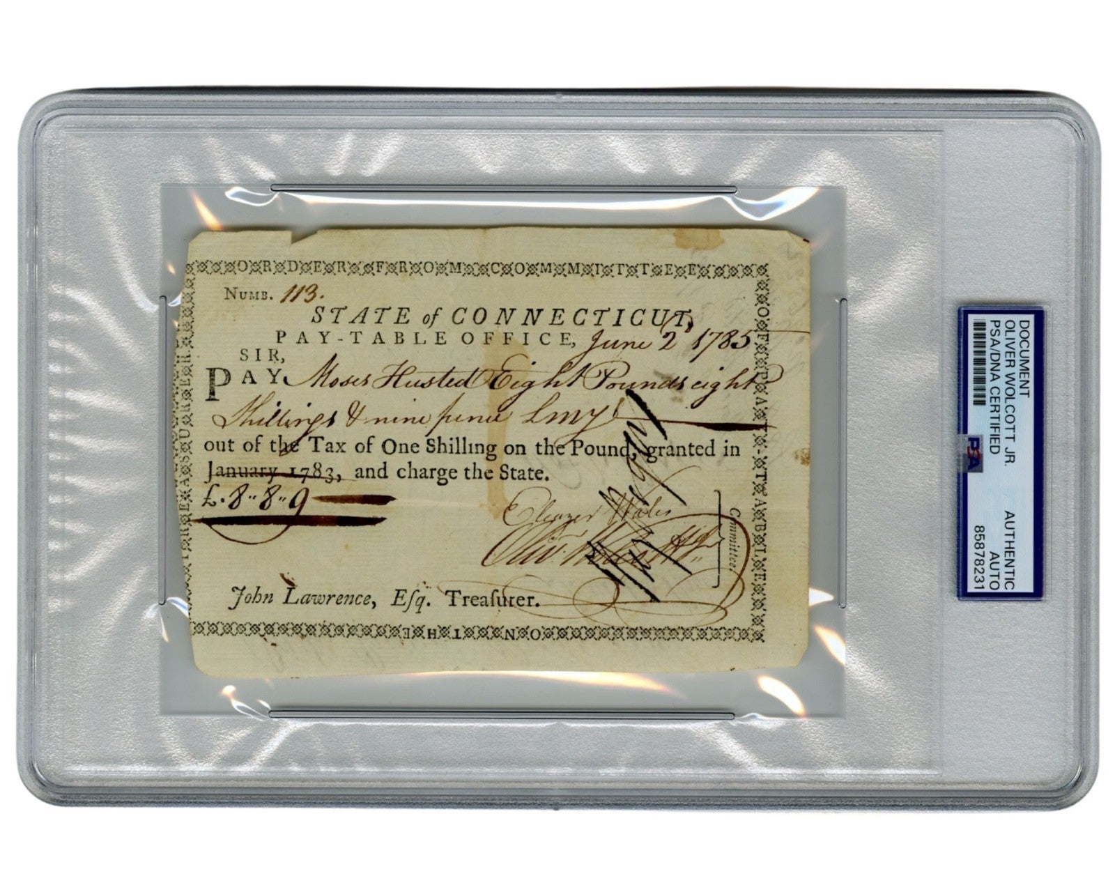 Oliver Wolcott, Jr. Settles Revolutionary War Finances for Connecticut! PSA Auto