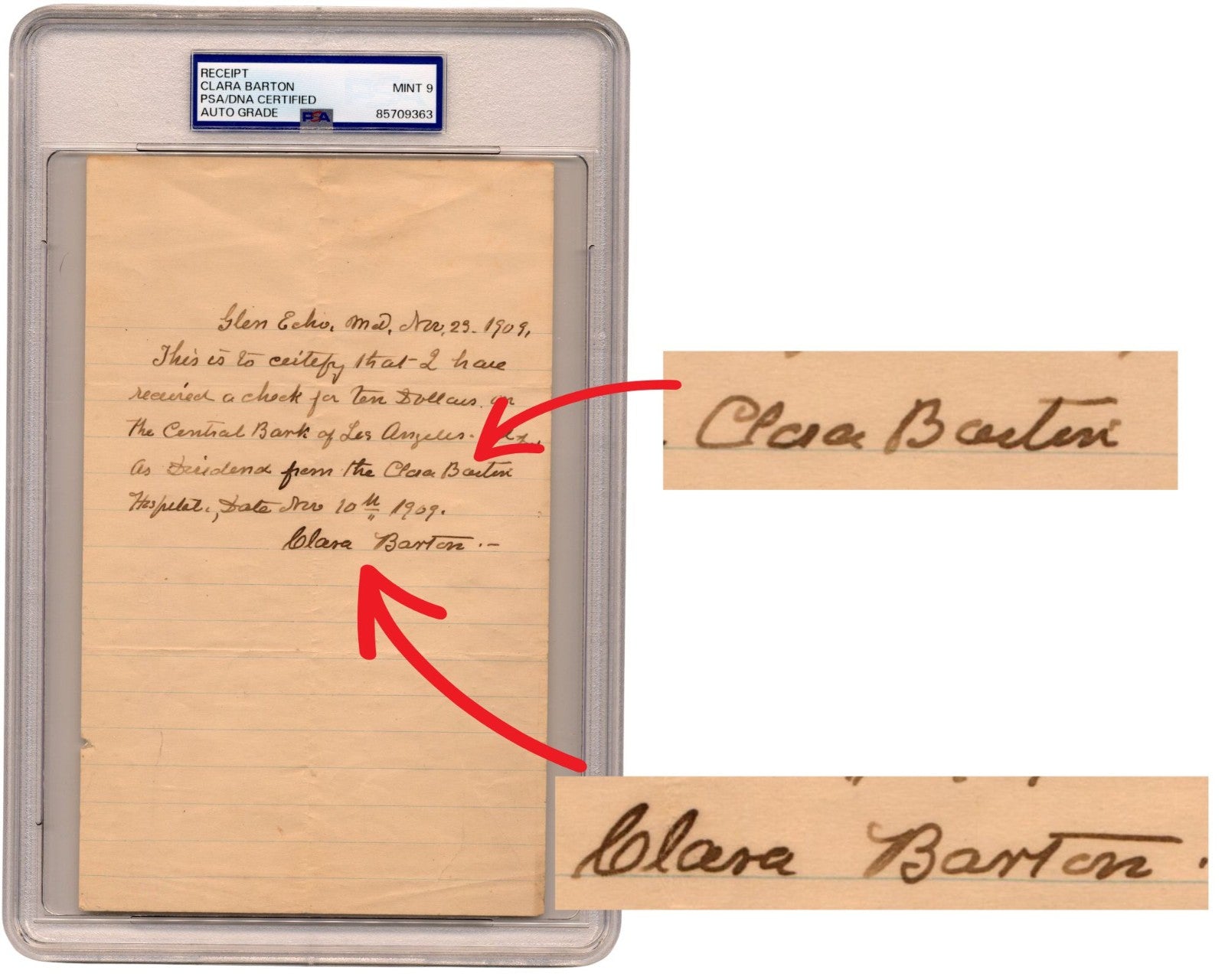 Clara Barton Twice Signed Handwritten Letter on Barton Hospital Check PSA Mint 9