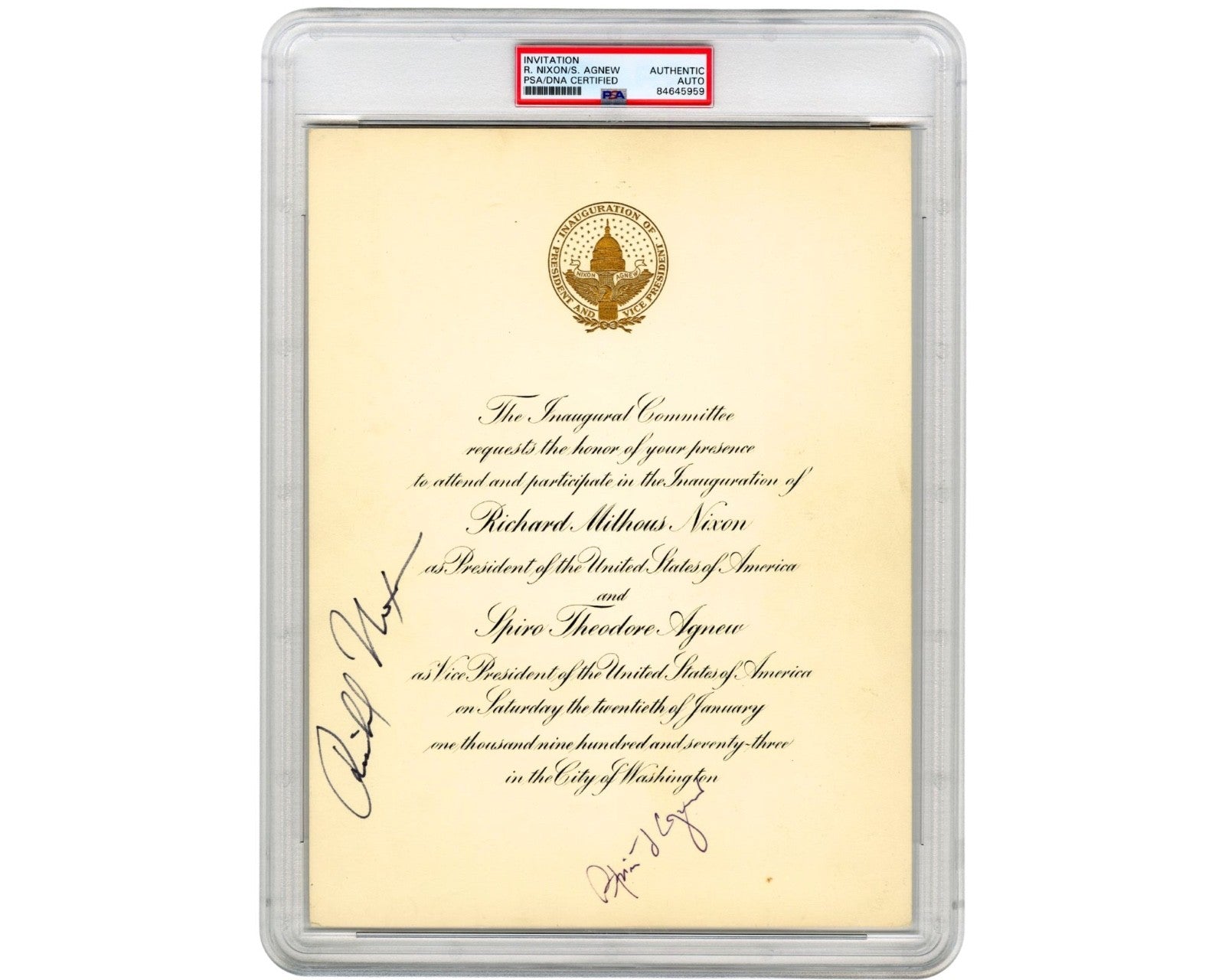 President Richard Nixon and Spiro Agnew Signed Inaugural Invitation PSA - Rare!