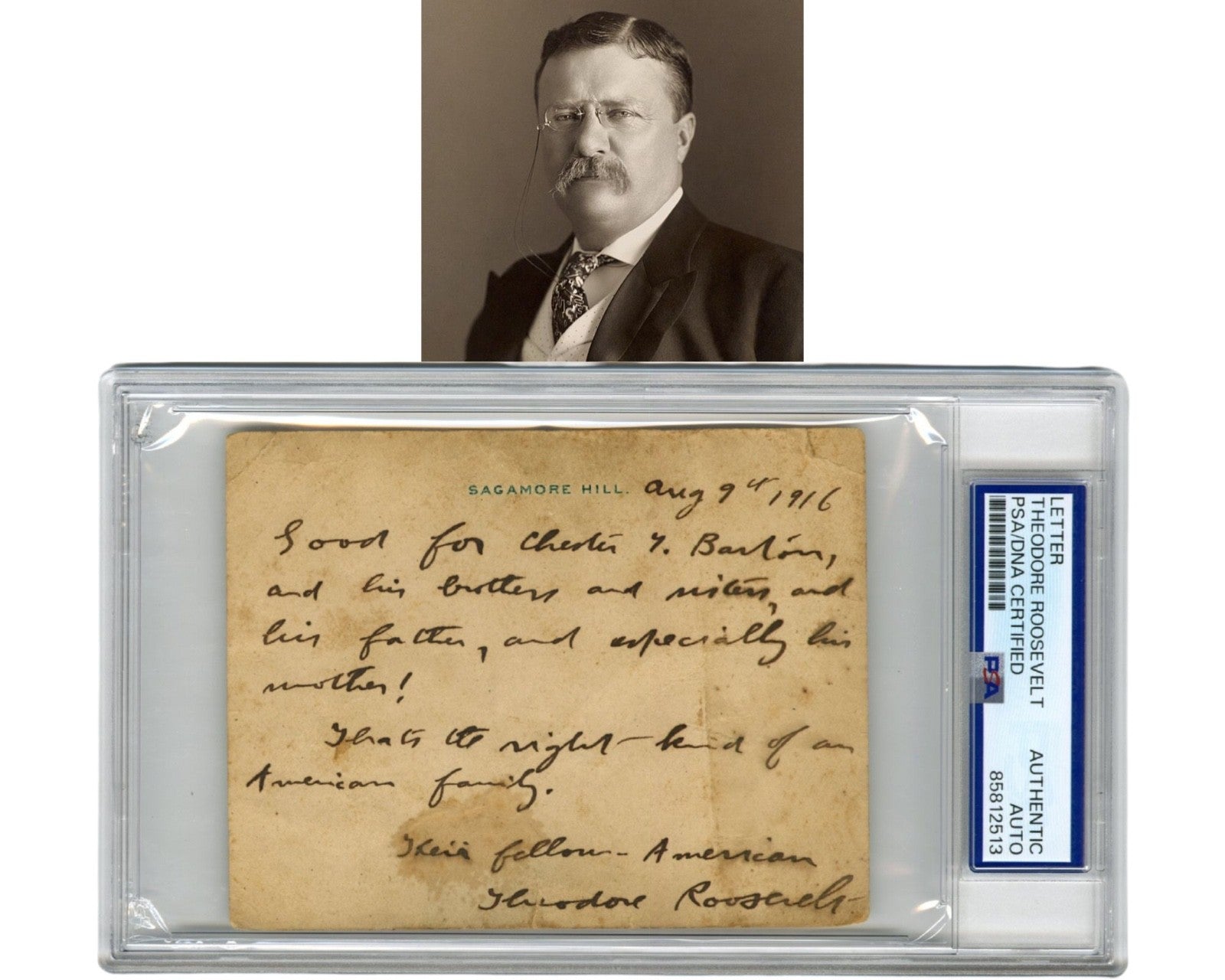 President Theodore Roosevelt "Their Fellow American" Signed Note! PSA Auto