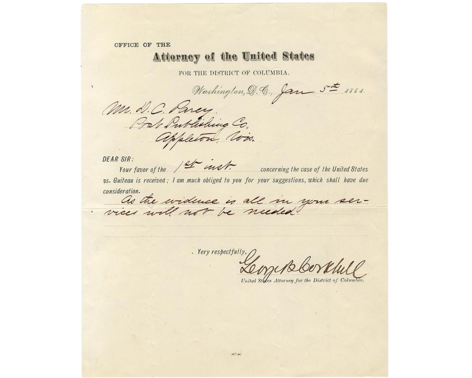 President Garfield Assassination: Signed Prosecution of Charles Guiteau Document