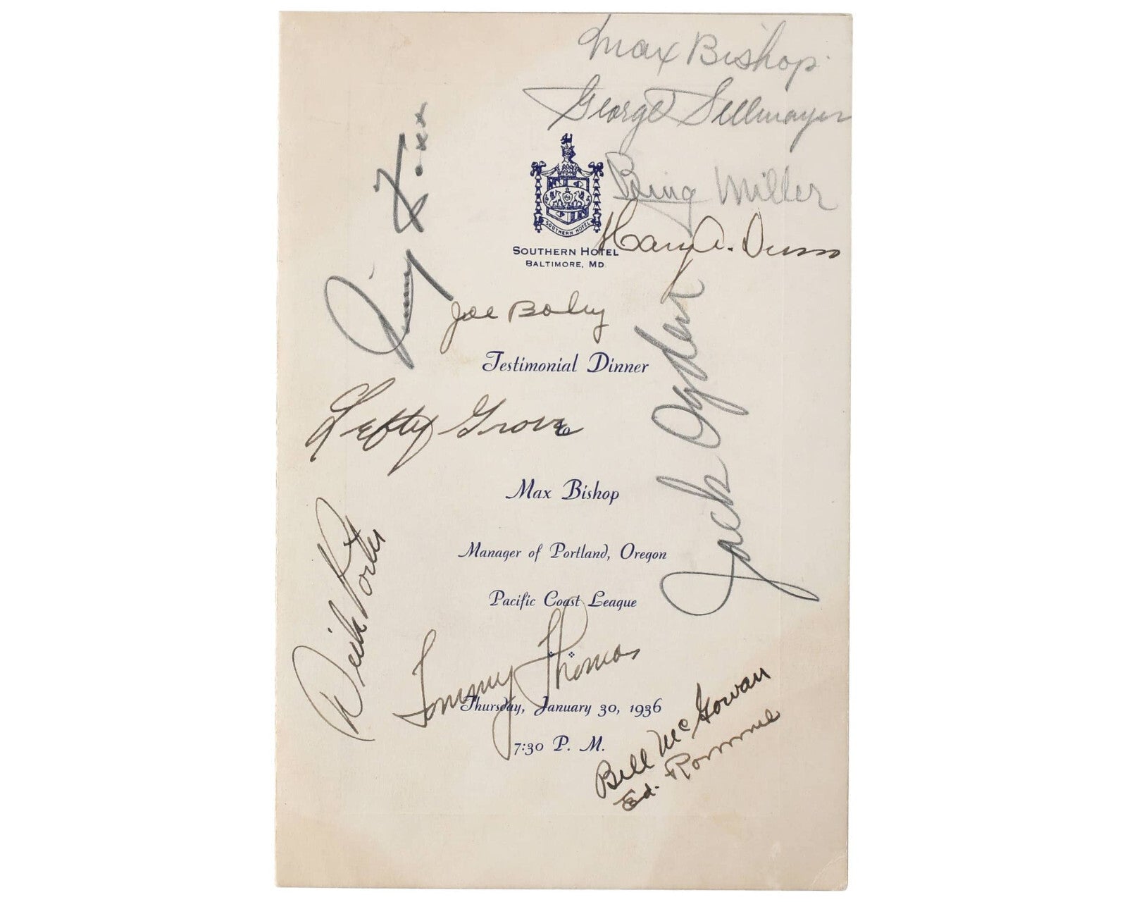 Jimmie Foxx, Lefty Grove, McGowan & 9 More Signed "Max Bishop" Program BAS Auto