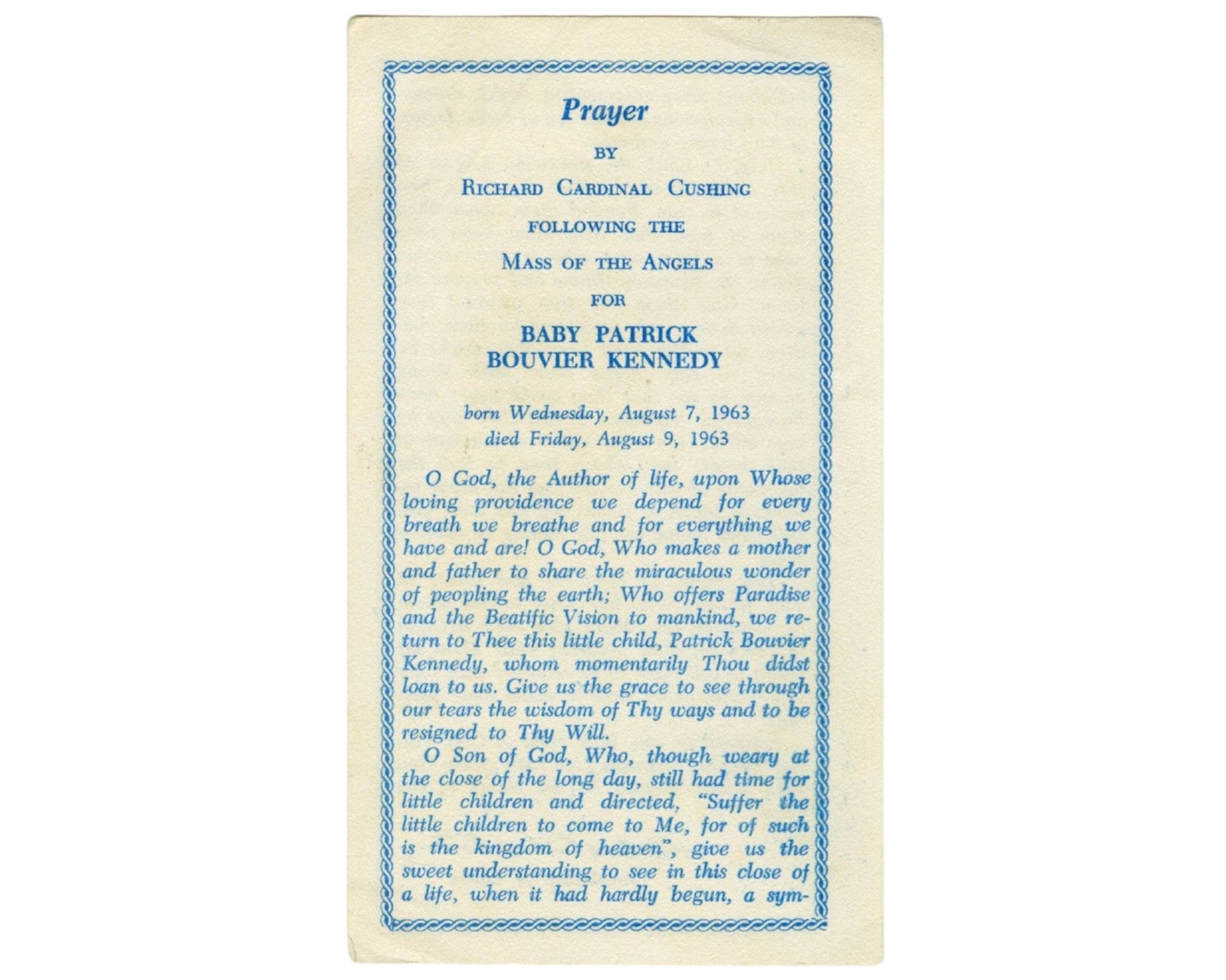 Rare Patrick Kennedy Prayer Card for Mass by Richard Cardinal Cushing