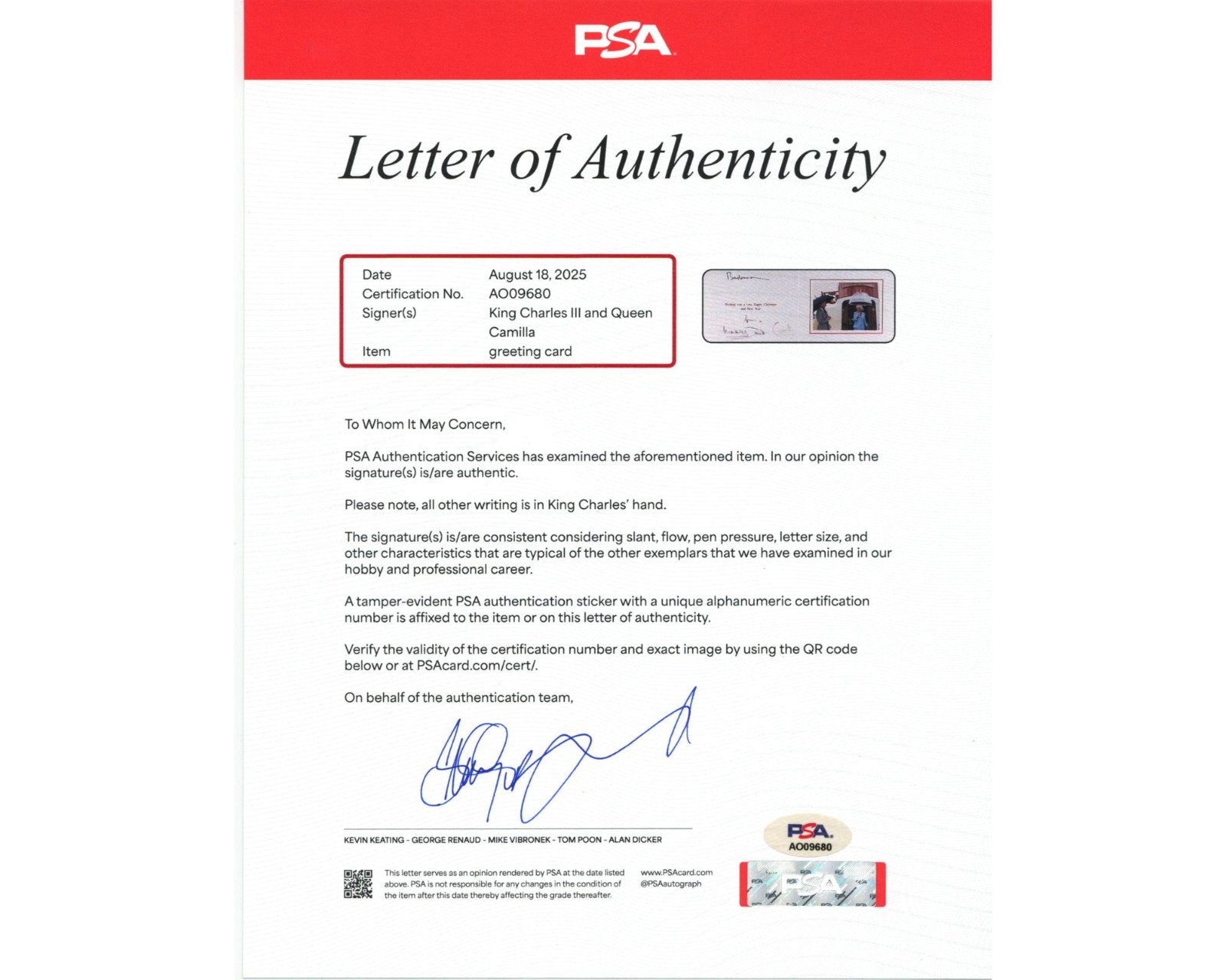 KING CHARLES III & QUEEN CONSORT CAMILLA Signed Christmas Card PSA Auto