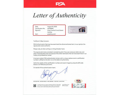 KING CHARLES III & QUEEN CONSORT CAMILLA Signed Christmas Card PSA Auto