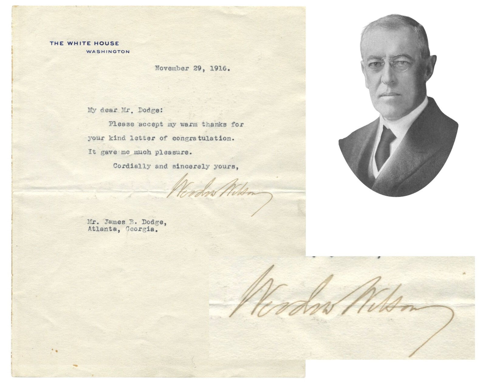 President Woodrow Wilson Signed White House Letter as Pres. PSA - Bold Auto!