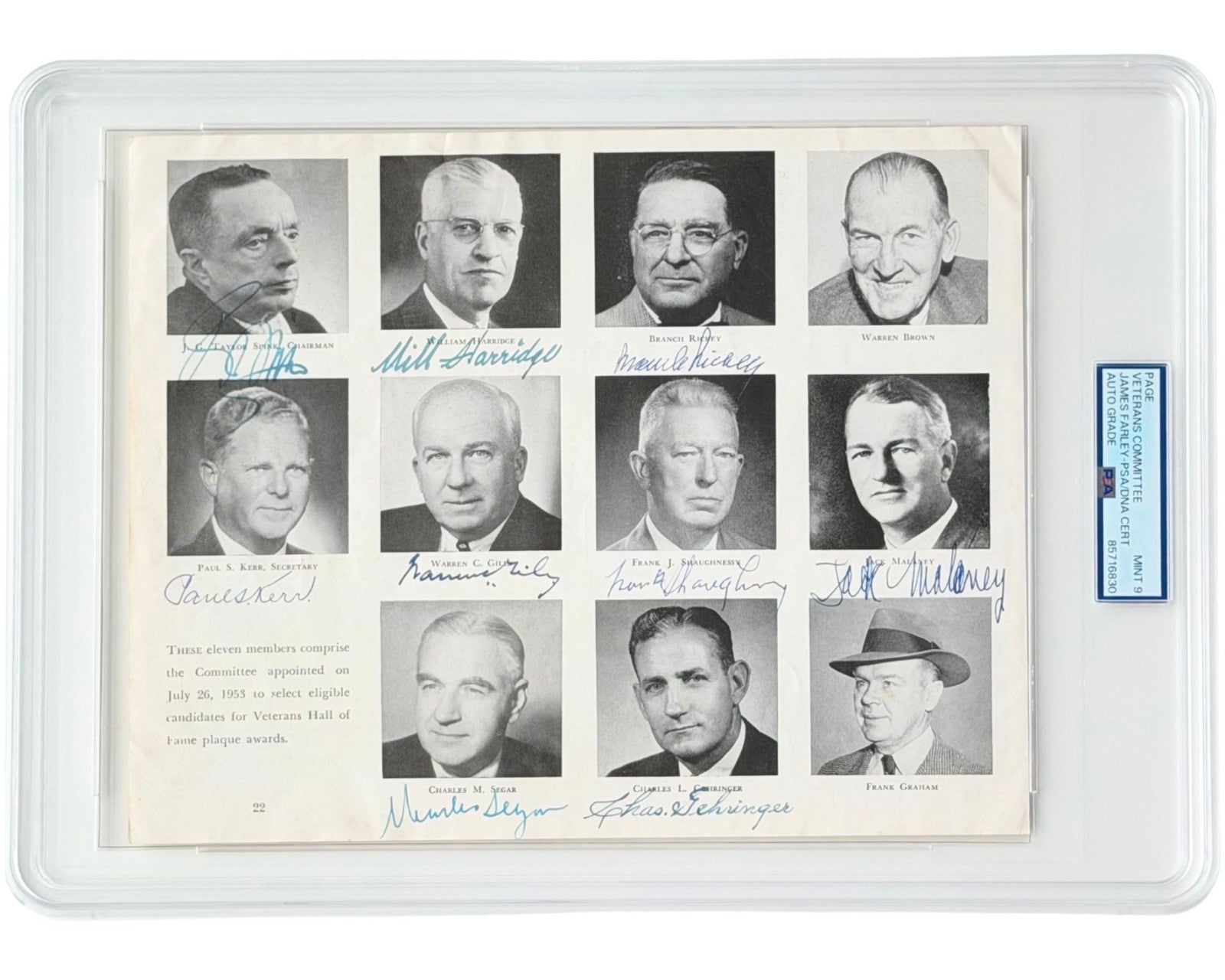 Branch Rickey, Gehringer, Giles, & 8 More MLB HOF Vet Commitee Signed Page PSA 9