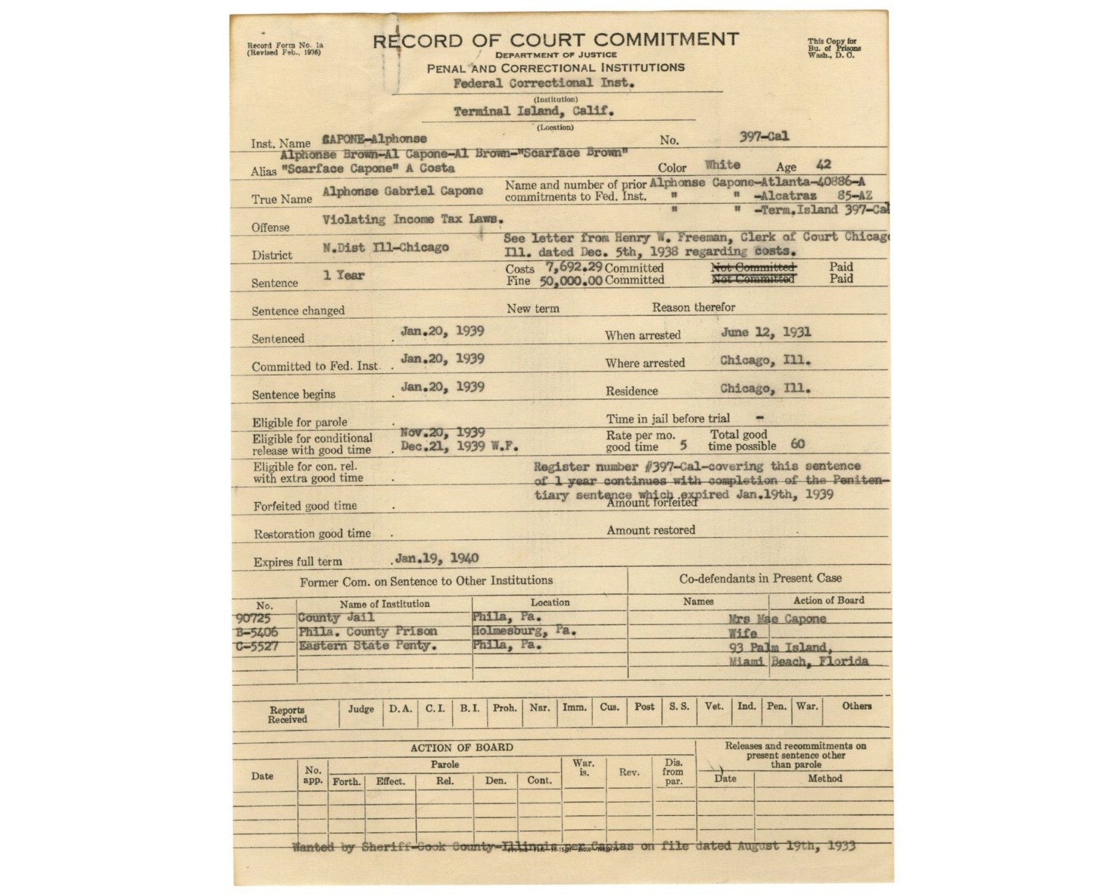 Al Capone's DOJ Transfer Doc. From Alcatraz To Terminal Island Prison
