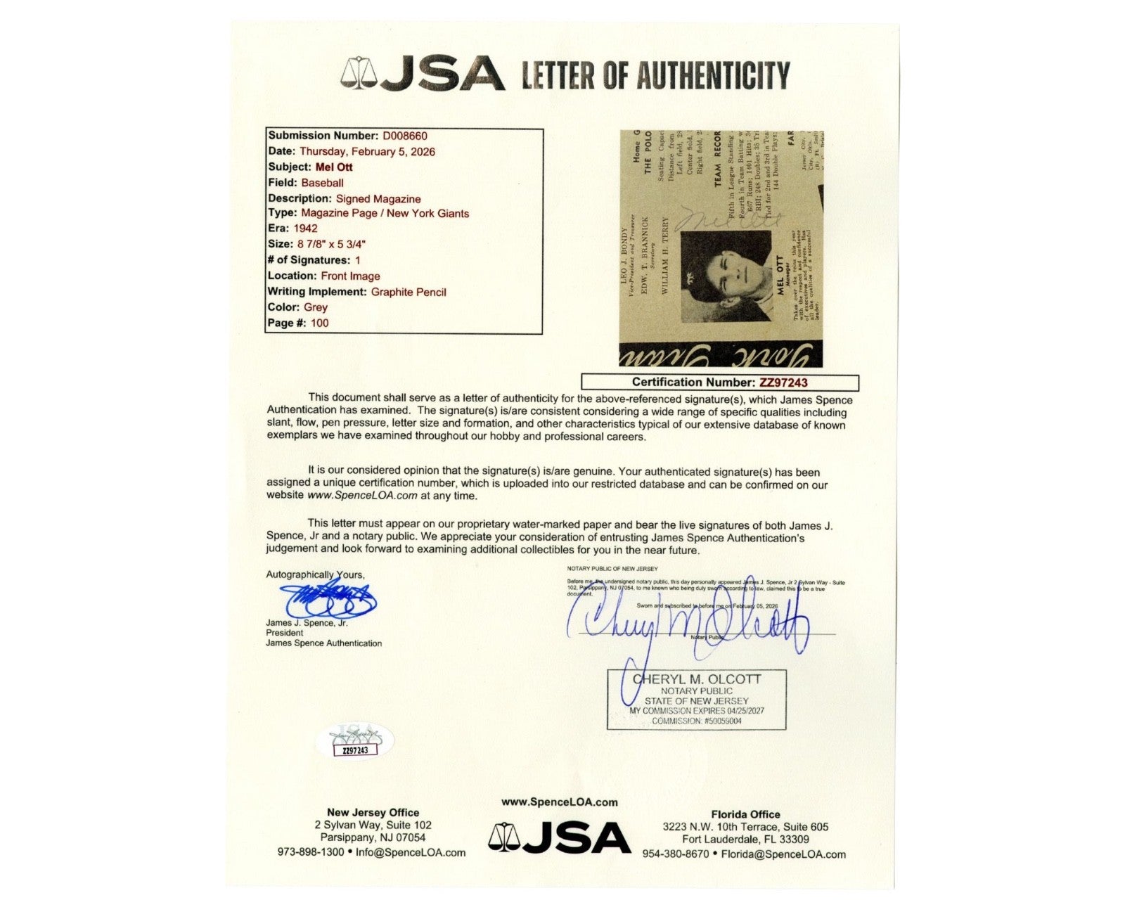 Mel Ott Signed 1942 New York Giants Page JSA LOA