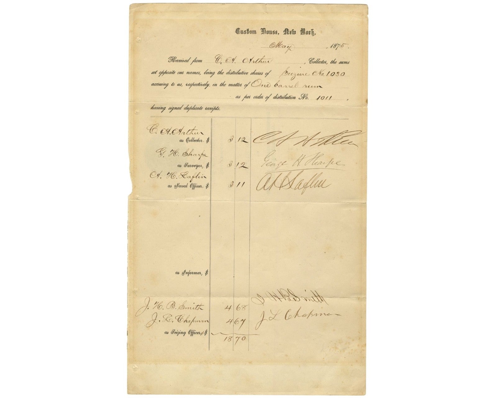 President Chester Arthur Signed NY Customs Document PSA/DNA Auto