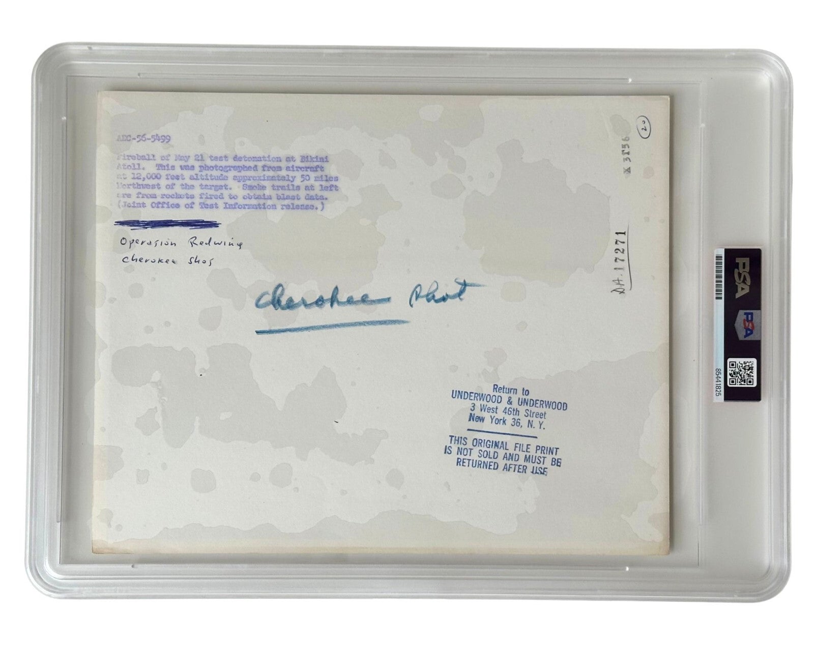 Operation Redwing "Cherokee" Atomic Bomb Test U.S. Army PSA Type 1 Photograph