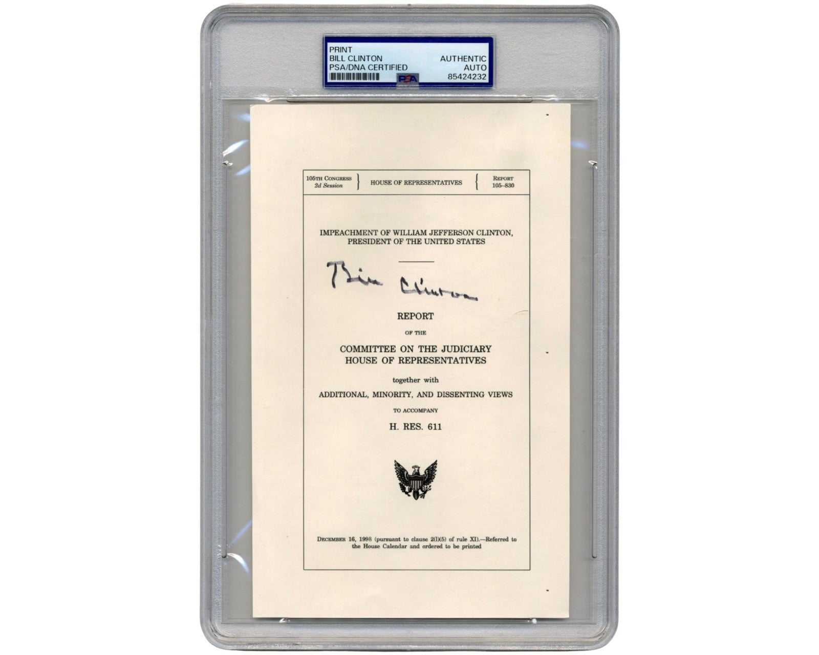 President Bill Clinton Signed Souvenir Typescript of Impeachment Report PSA Auto